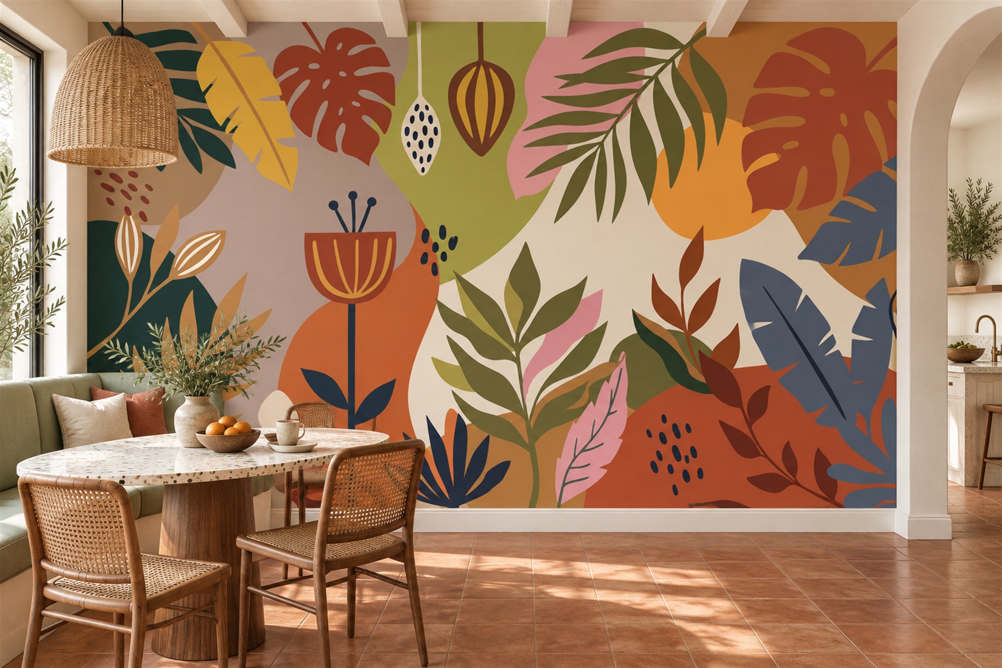 Orange Leaf Botanical Wallpaper Mural Bedroom-wallpaper-murals, Peel-and-stick Finish