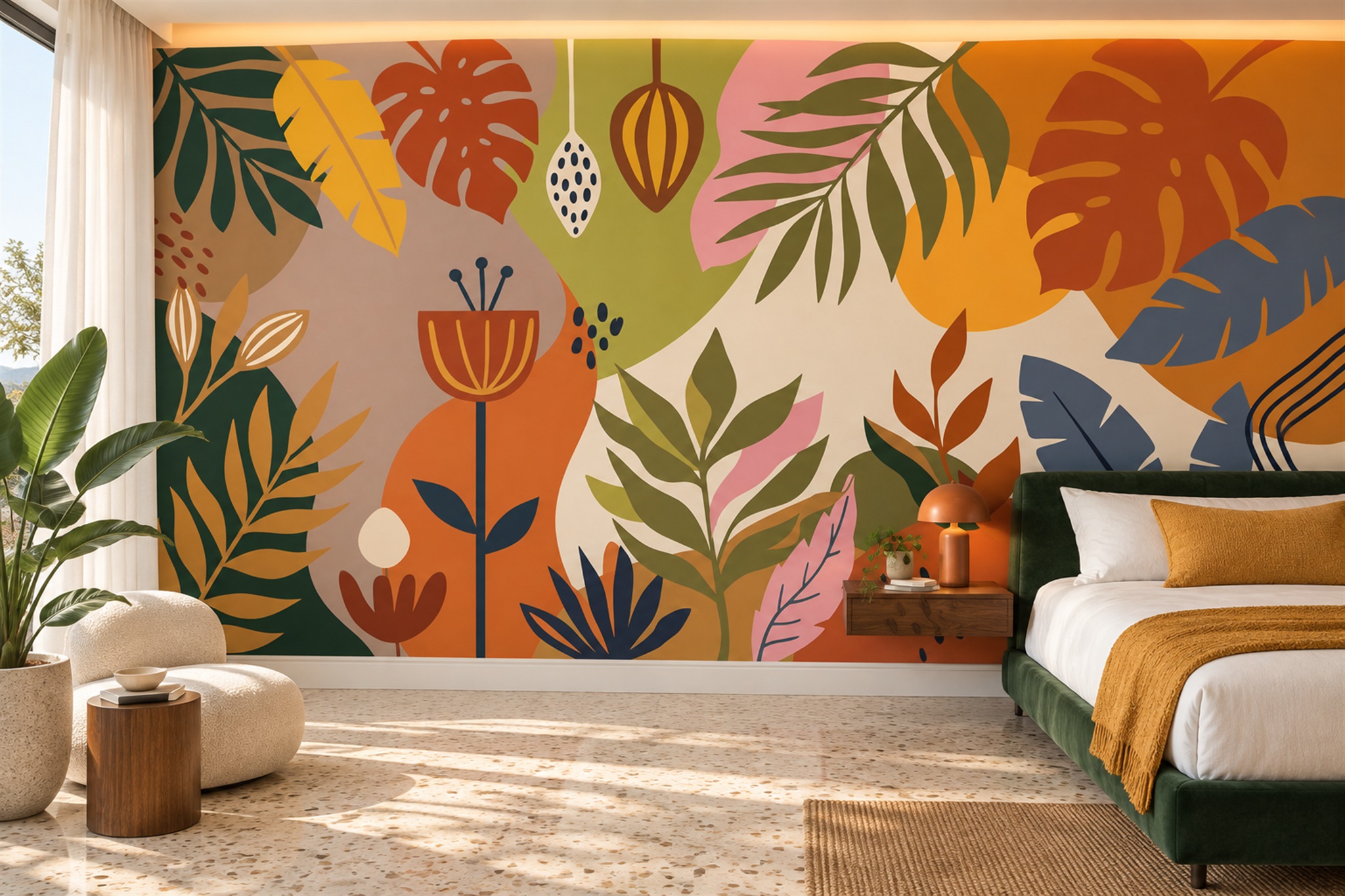 Colourful Tropical Leaf Wallpaper Mural — Installed Wallpaper Mural In A Bedroom, Peel-and-stick Finish