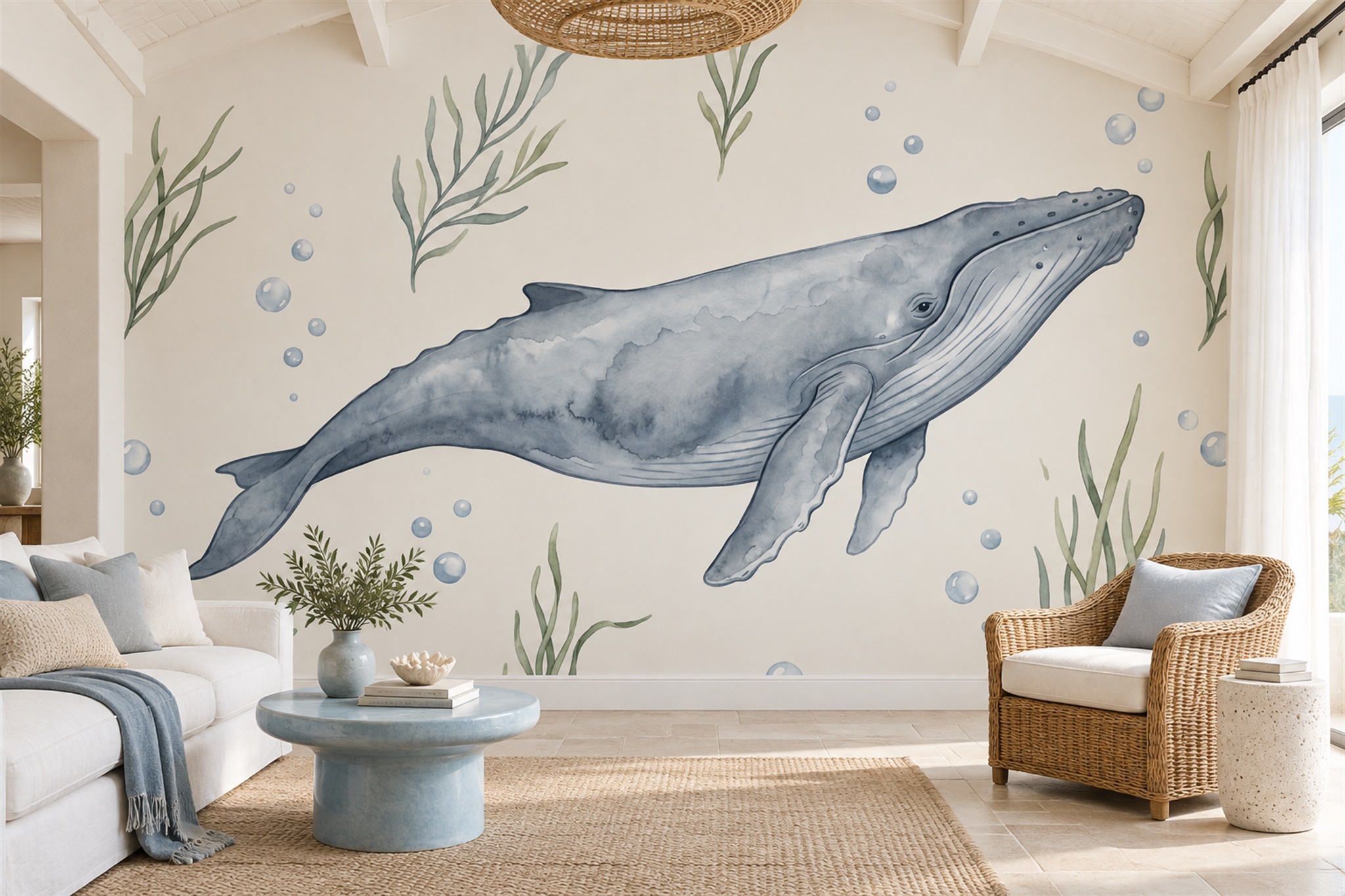Blue Whale And Seaweed Illustration Wallpaper Mural — Wallpaper Mural Design, Peel-and-stick Finish