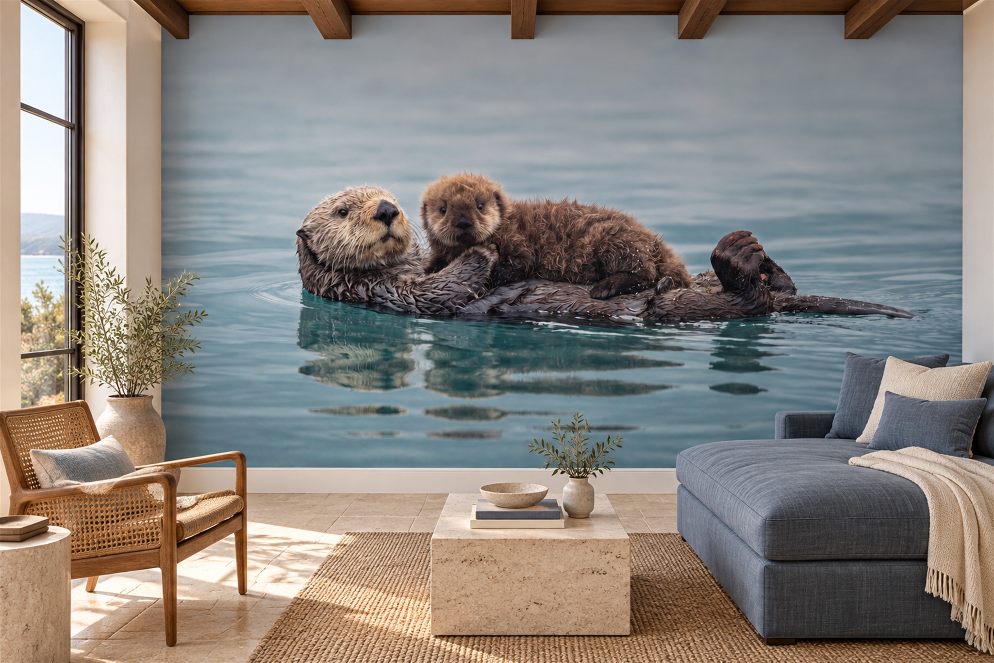Sea Otter Mother And Pup Wallpaper Mural — Wallpaper Mural Design, Peel-and-stick Finish