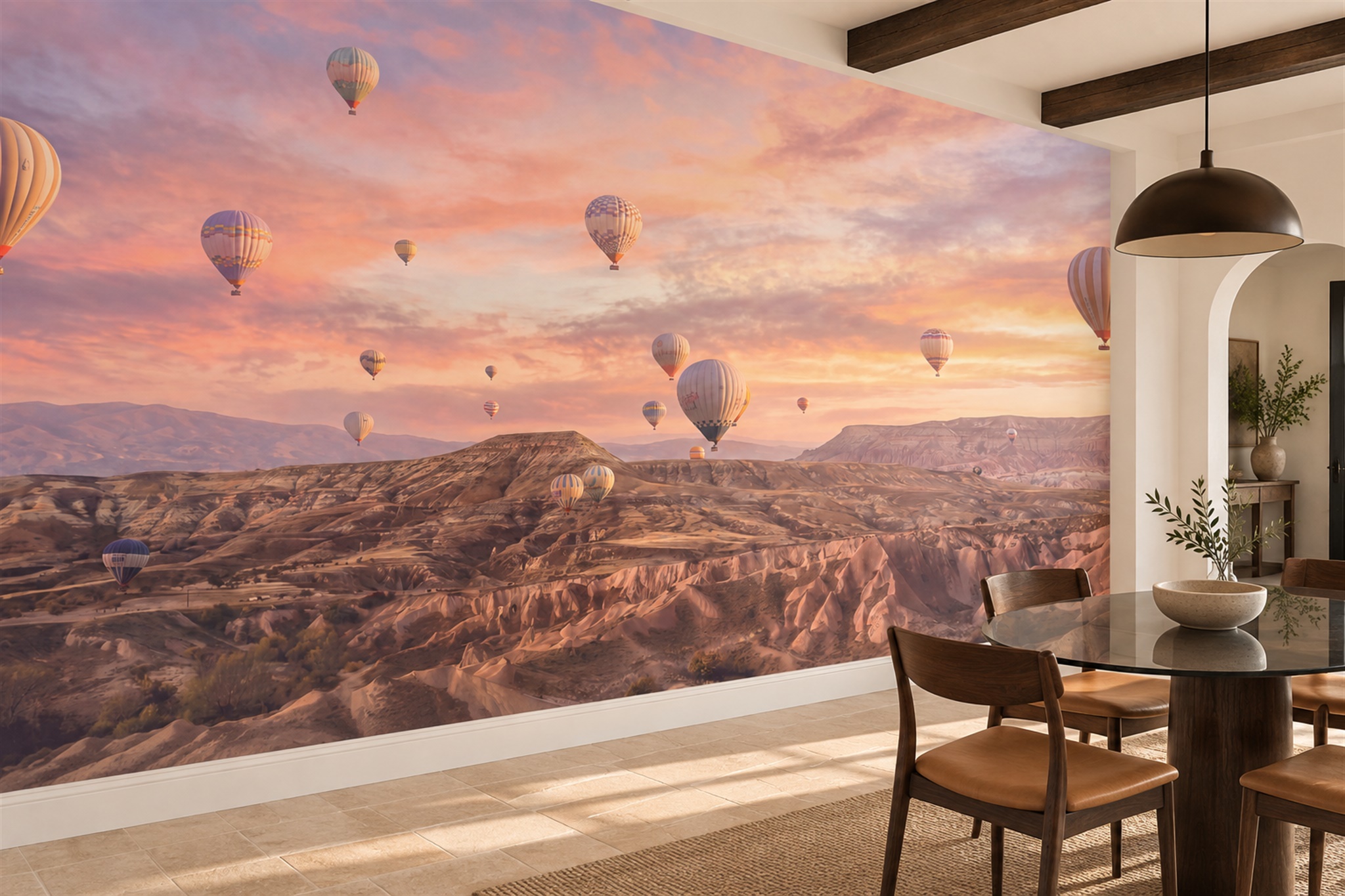 Peach Pattern Decorative Wallpaper Mural Layered Tones Wallpaper Mural Dining-room-wallpaper-murals, Shown In A Dining Room, Peel-and-stick Finish