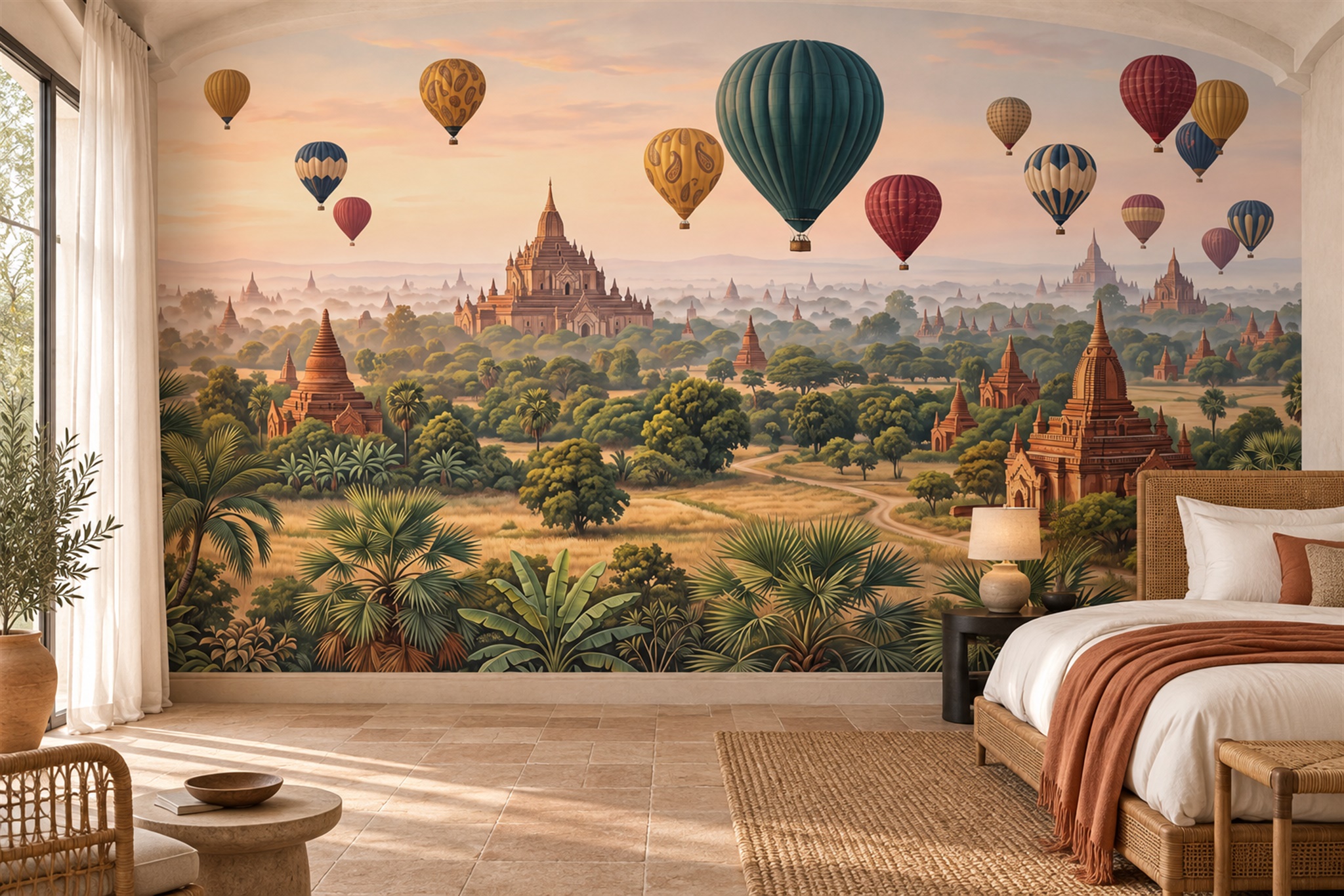 Hot Air Balloons Over A Pagoda Valley Wallpaper Mural — Installed Wallpaper Mural In A Bedroom, Peel-and-stick Finish