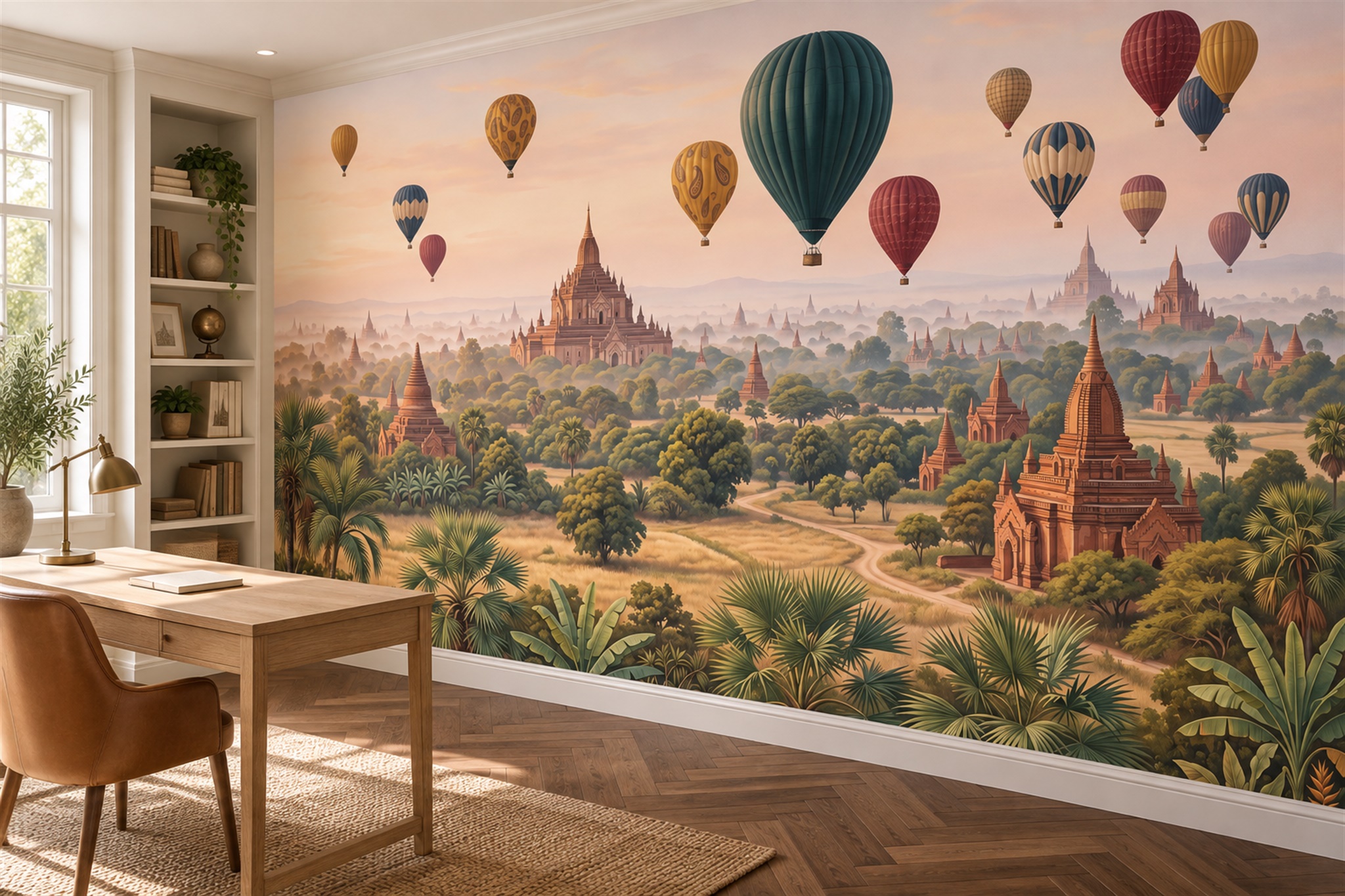Green Pattern Decorative Wallpaper Mural Layered Curved Wallpaper Mural Home-office-wallpaper-murals, Shown In A Home Office, Peel-and-stick Finish