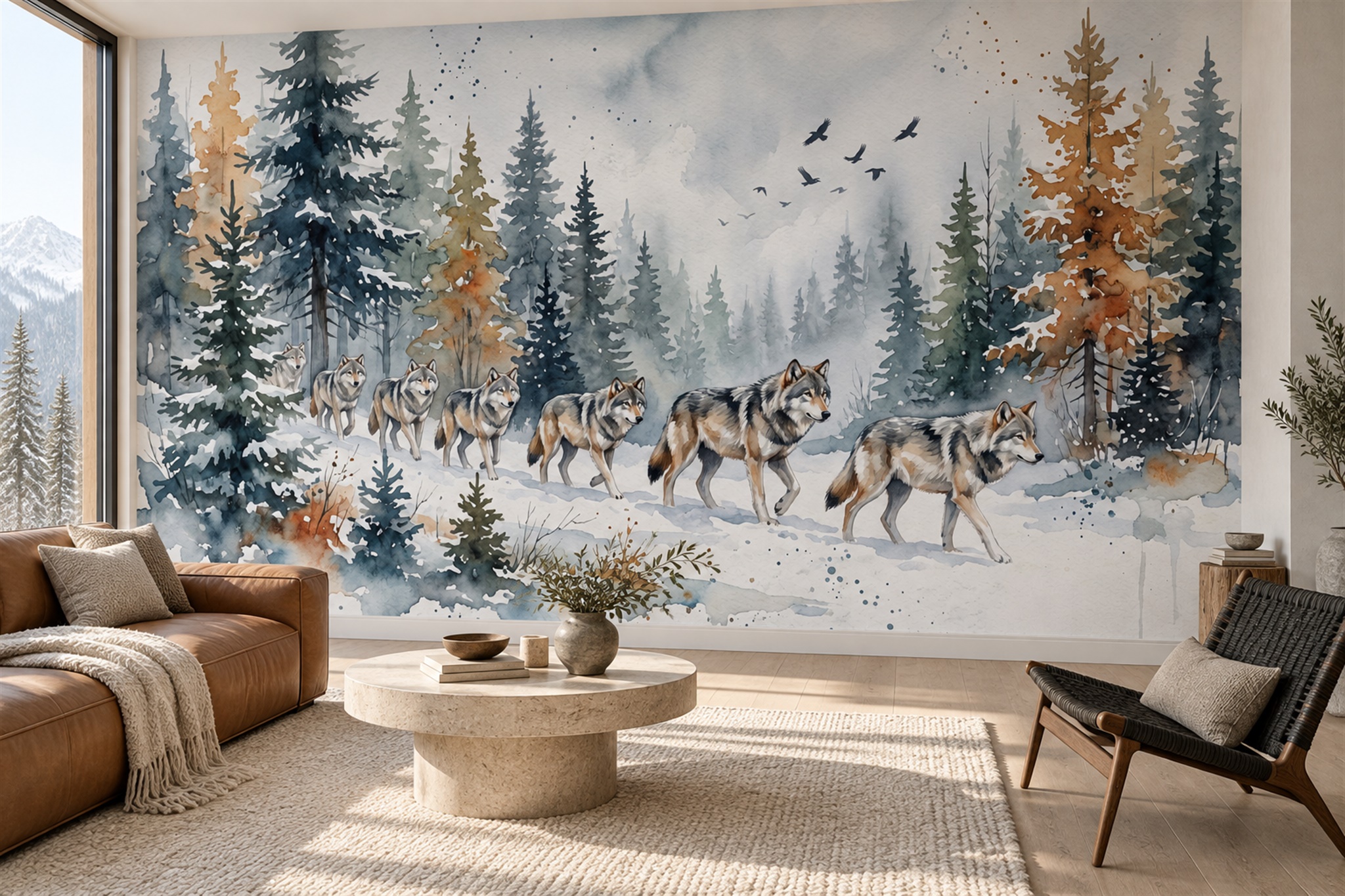 Wolves In Snowy Watercolour Forest Wallpaper Mural — Wallpaper Mural Design, Peel-and-stick Finish