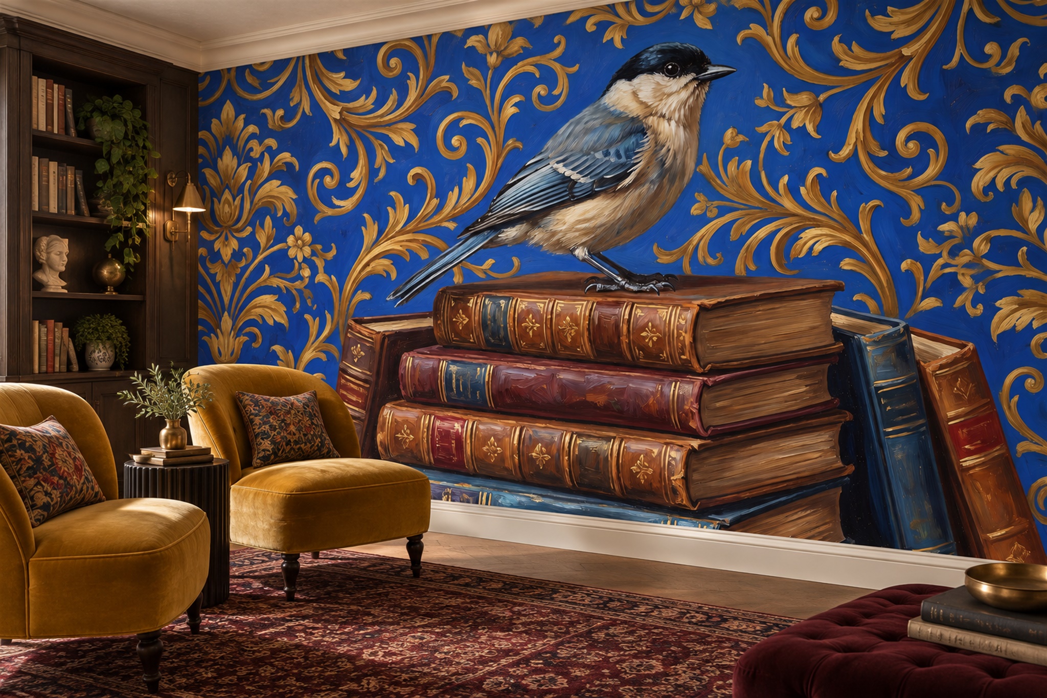 Decorative blue bird mural meeting the ceiling and side-wall boundaries in a living space