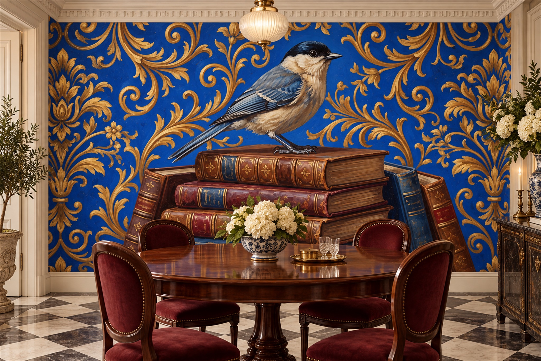 Blue Songbird On Antique Books Wallpaper Mural — Wallpaper Mural Design, Peel-and-stick Finish