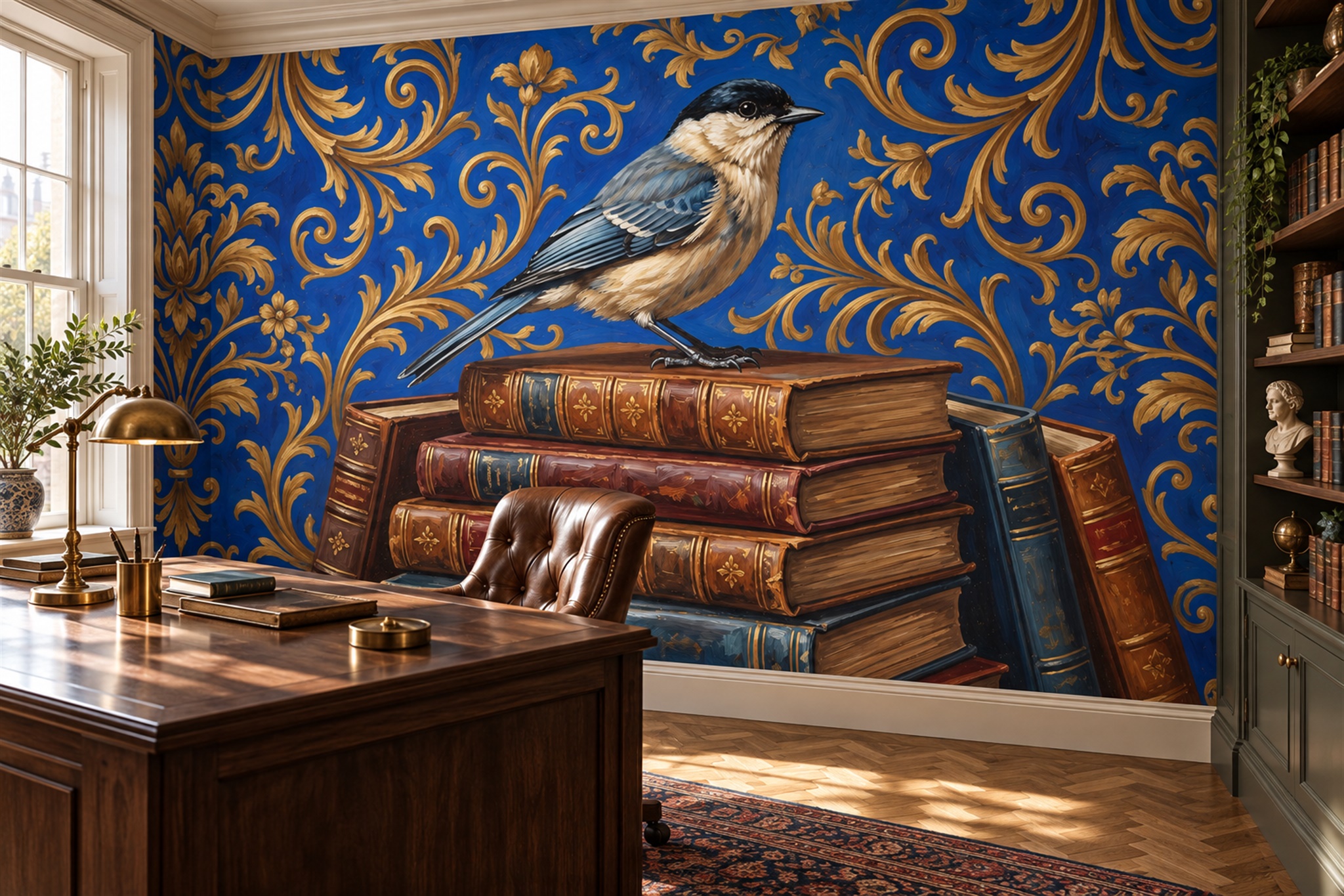 Blue Bird Illustrated Textured Wallpaper Mural Dining-room-wallpaper-murals, Peel-and-stick Finish
