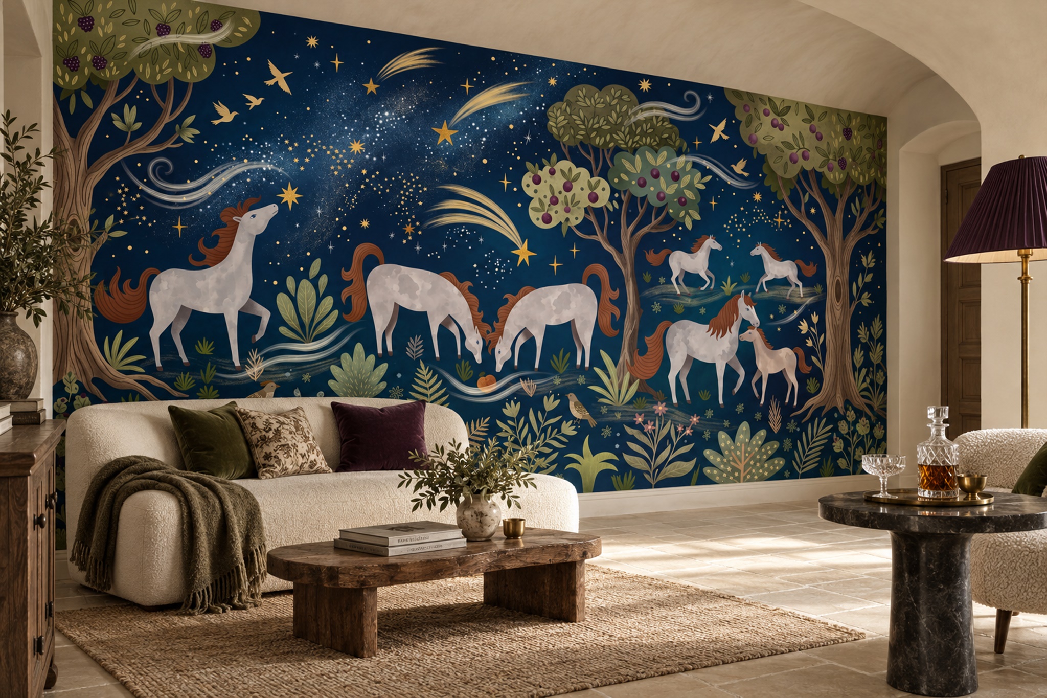 Navy Pattern Decorative Wallpaper Mural Layered Painterly Wallpaper Bedroom-wallpaper-murals, Peel-and-stick Finish
