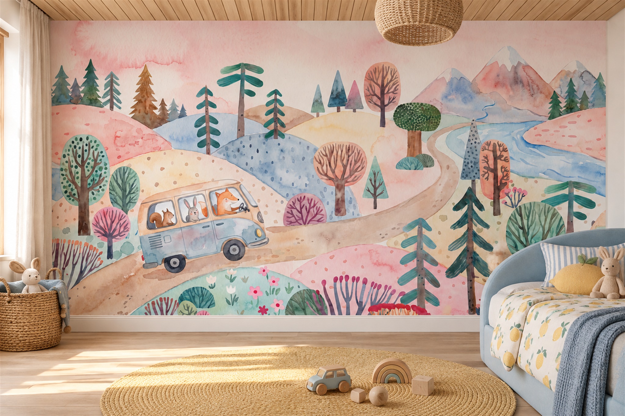 Pastel Animal Road Trip Watercolour Wallpaper Mural — Wallpaper Mural Design, Peel-and-stick Finish
