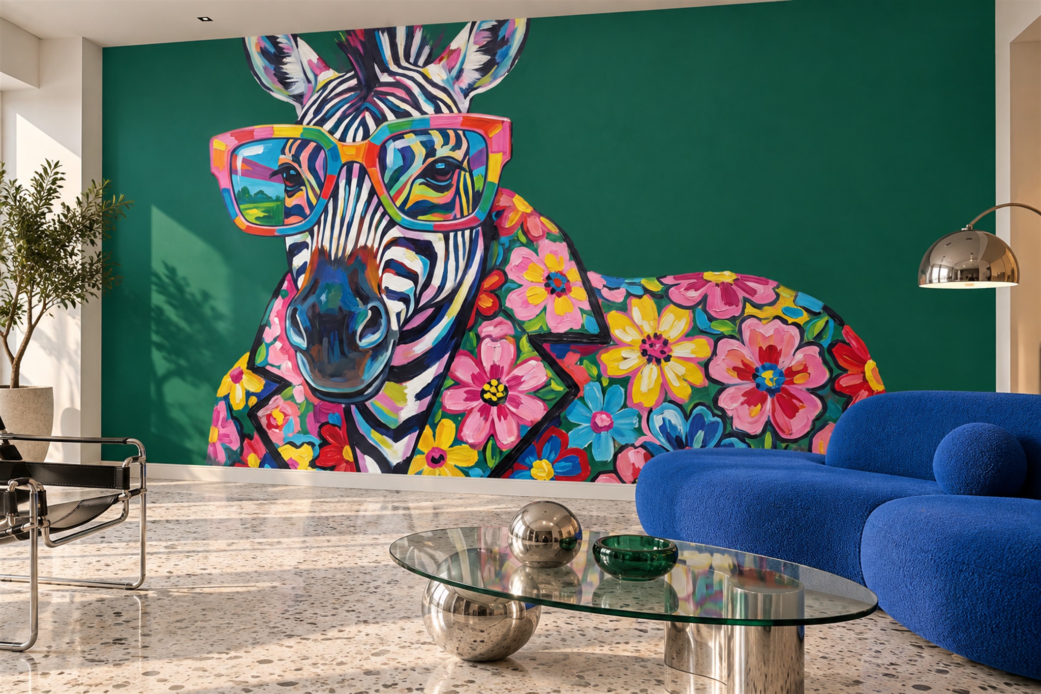 Pop Art Zebra With Floral Suit And Sunglasses Wallpaper Mural — Wallpaper Mural Design, Peel-and-stick Finish