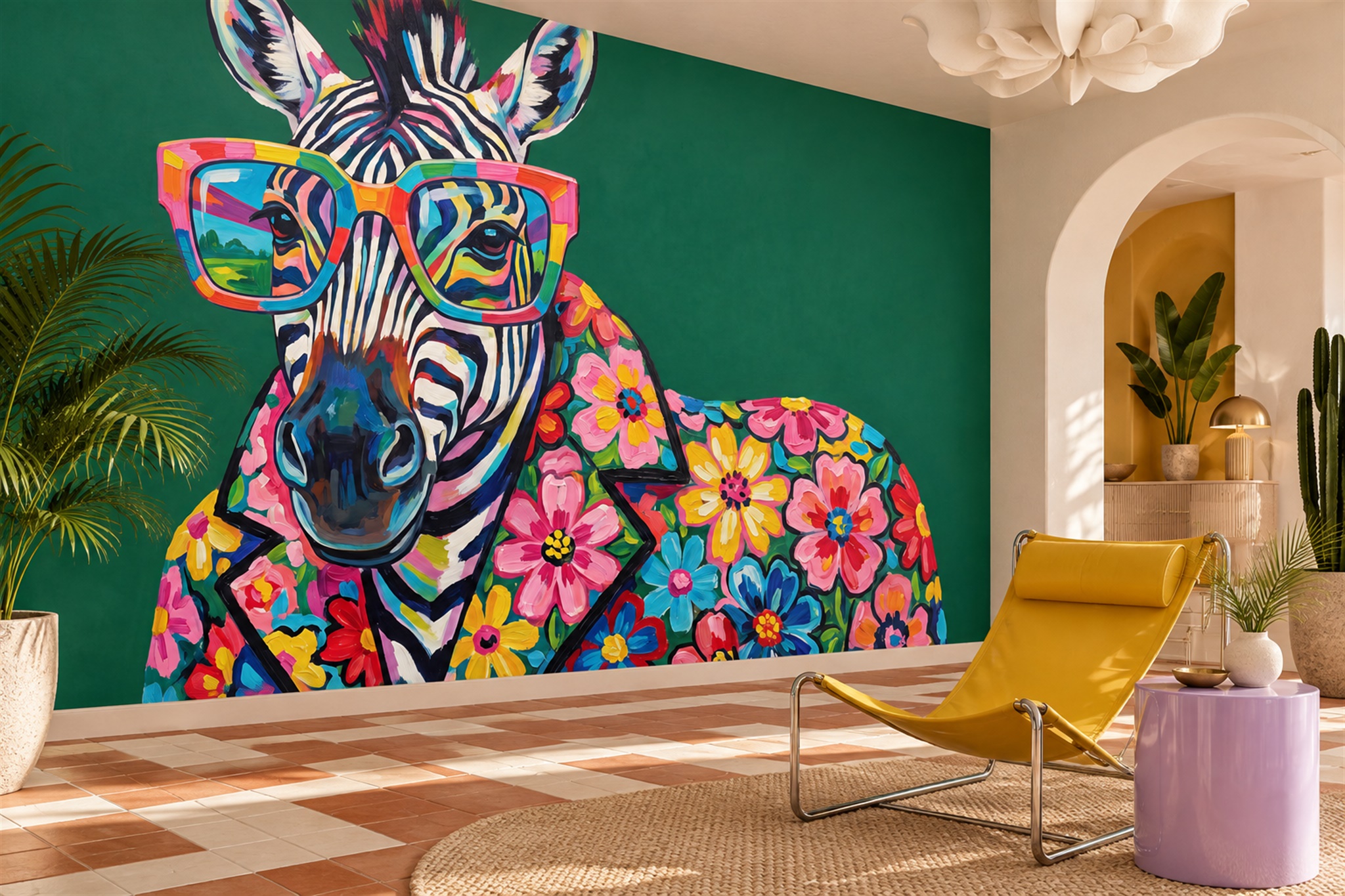Green Zebra Wallpaper Mural, Shown In A Living Room, Peel-and-stick Finish