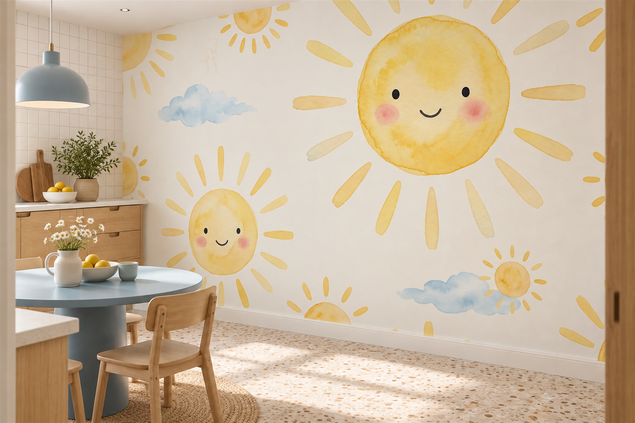 Yellow Pattern Decorative Layered Wallpaper Mural Dining-room-wallpaper-murals, Shown In A Dining Room, Peel-and-stick Finish