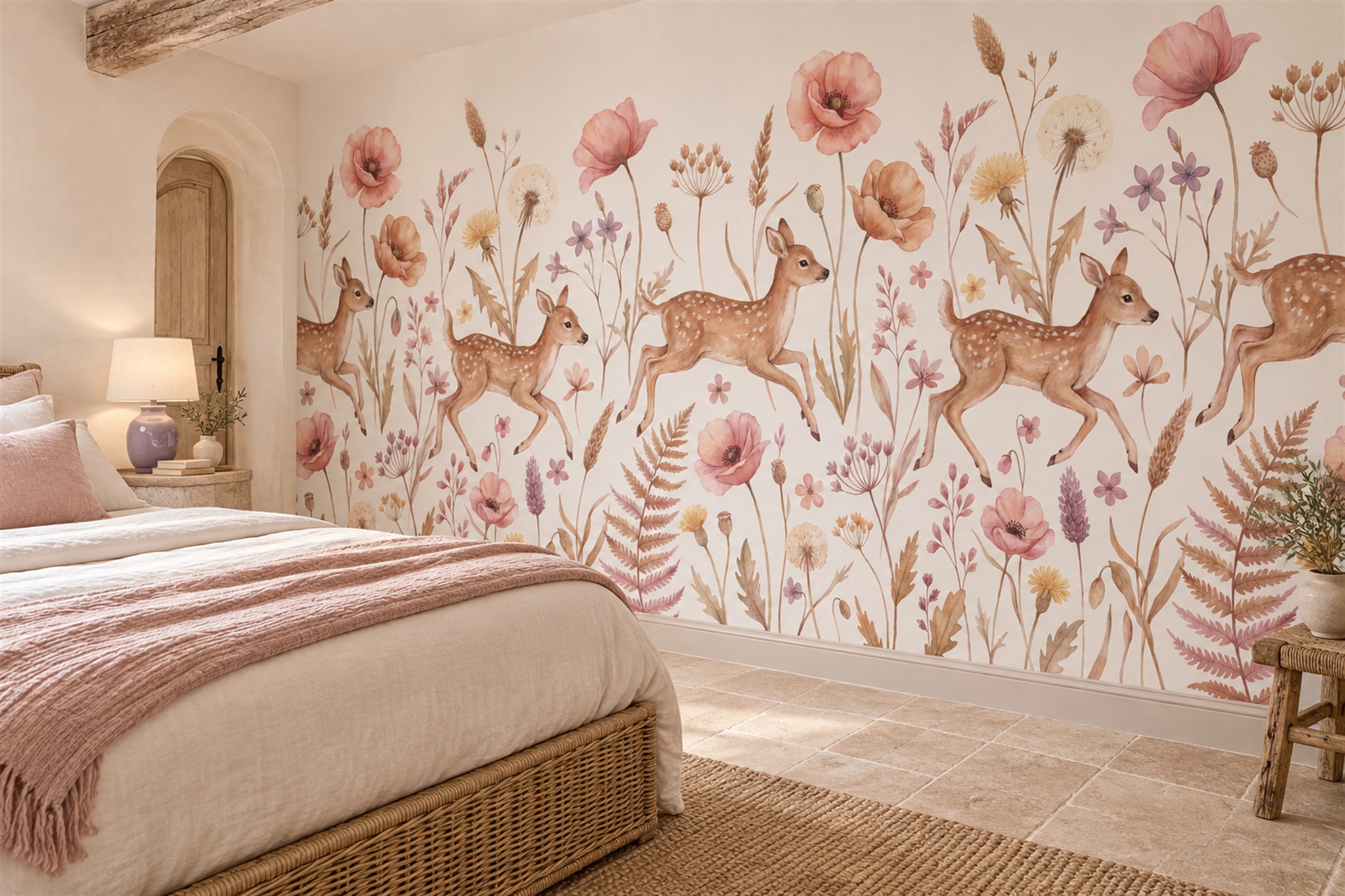 Pink Wildflower Meadow With Spotted Deer Wallpaper Mural — Installed Wallpaper Mural In A Bedroom, Peel-and-stick Finish