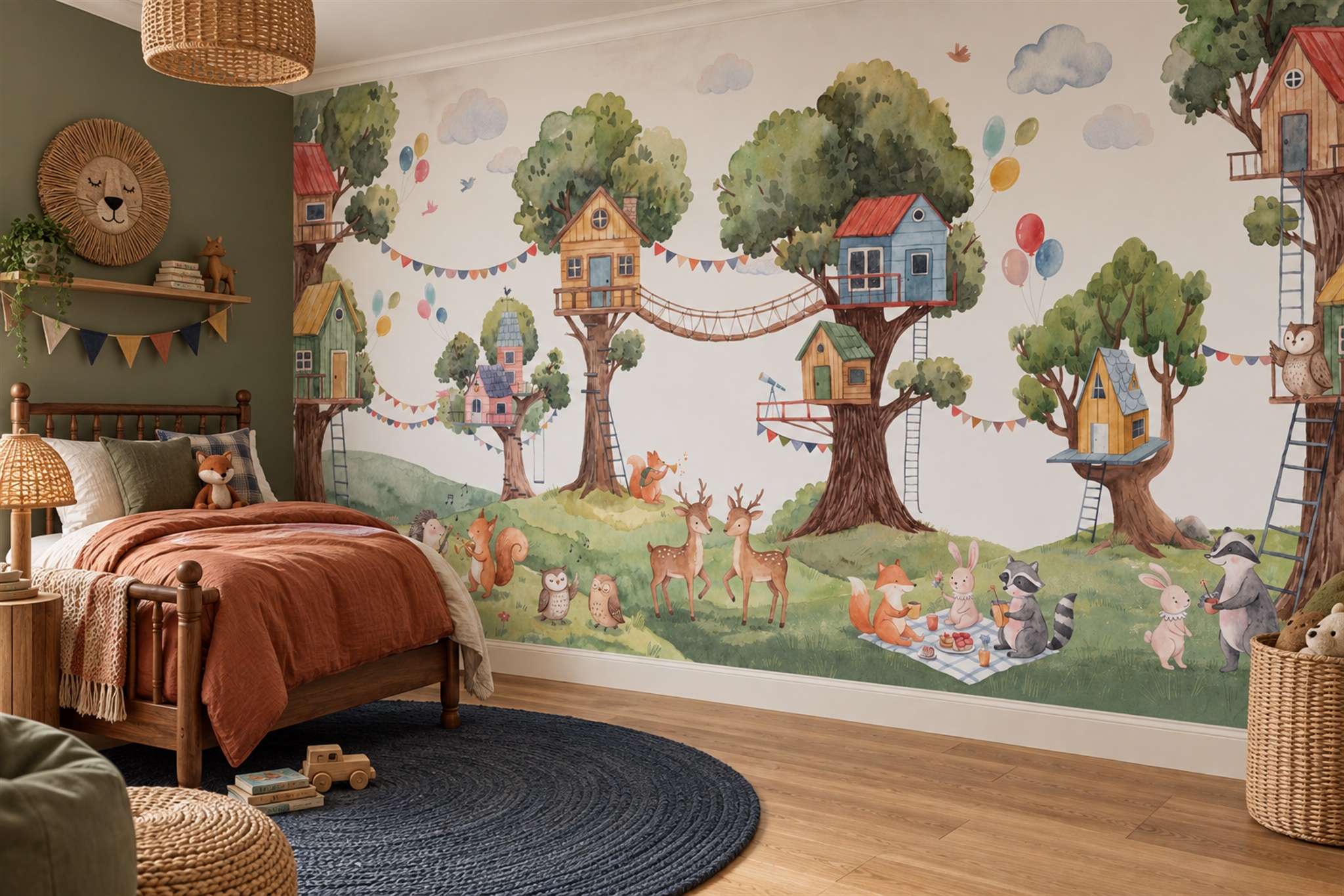 Woodland Treehouses And Animal Friends Wallpaper Mural — Wallpaper Mural Design, Peel-and-stick Finish
