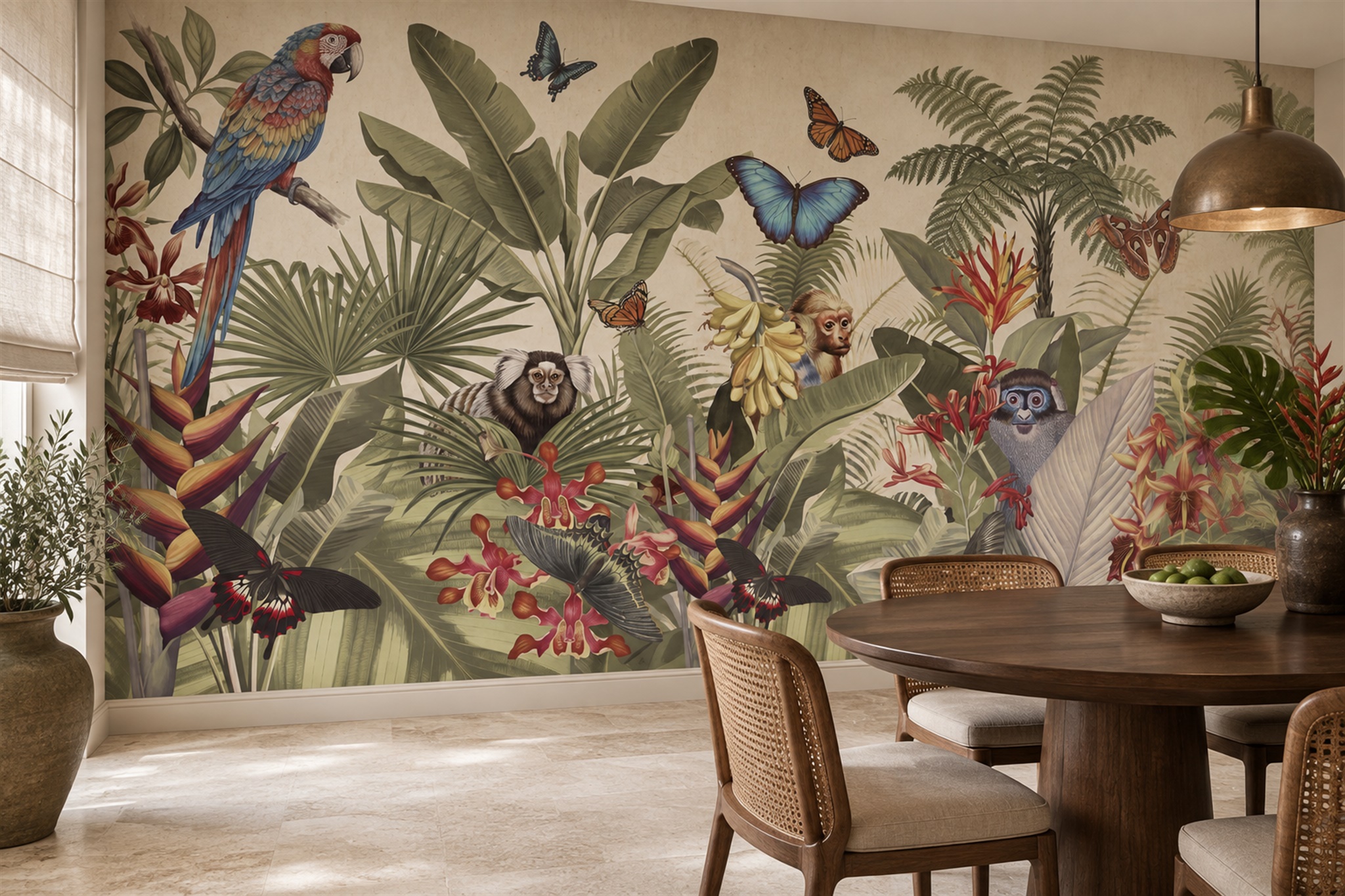 Green Tropical Artful Wallpaper Mural Layered Jungle Wallpaper Mural Dining-room-wallpaper-murals, Shown In A Dining Room, Peel-and-stick Finish