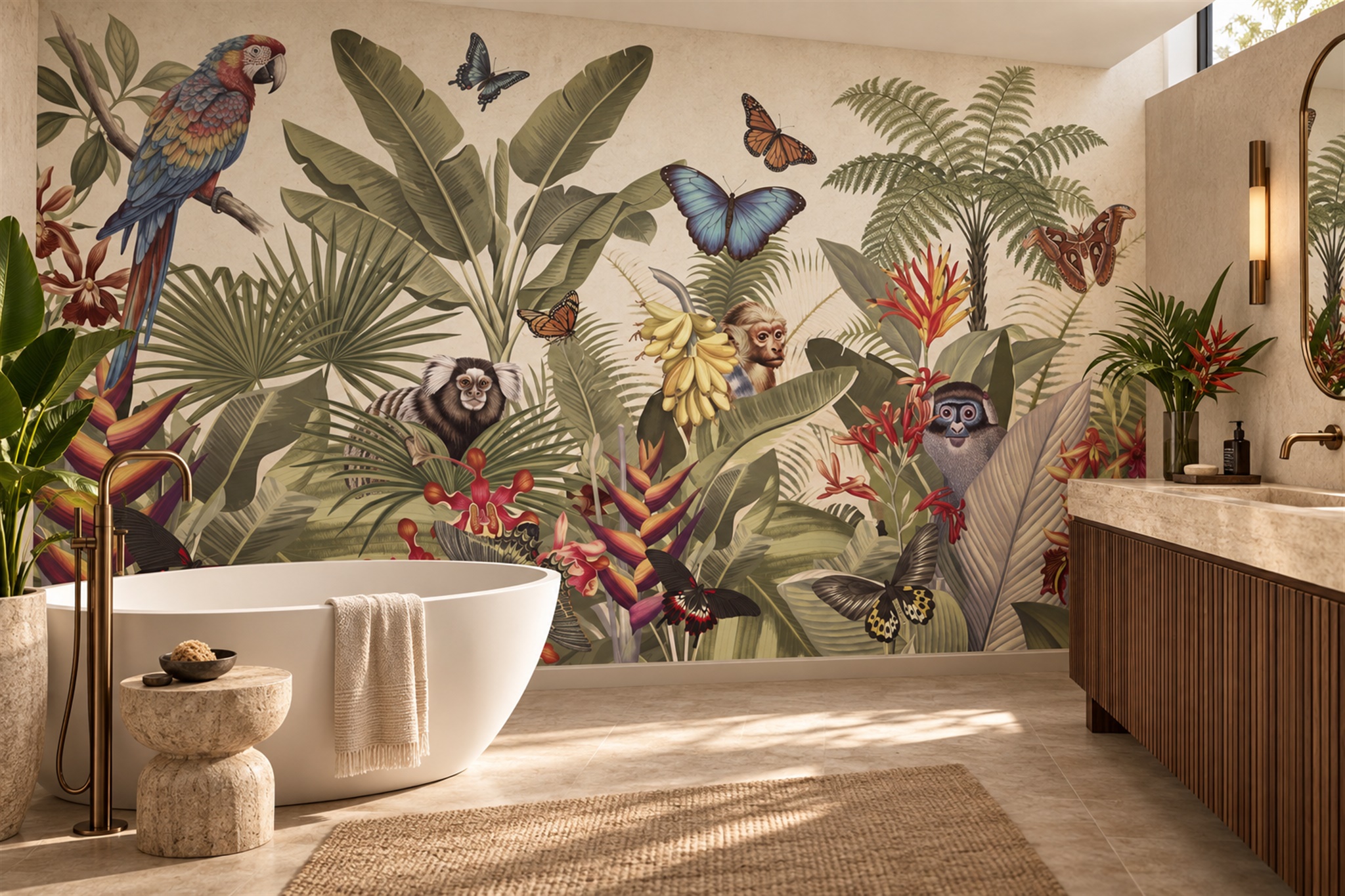 Tropical Monkeys Parrots And Palm Foliage Wallpaper Mural — Wallpaper Mural Design, Peel-and-stick Finish
