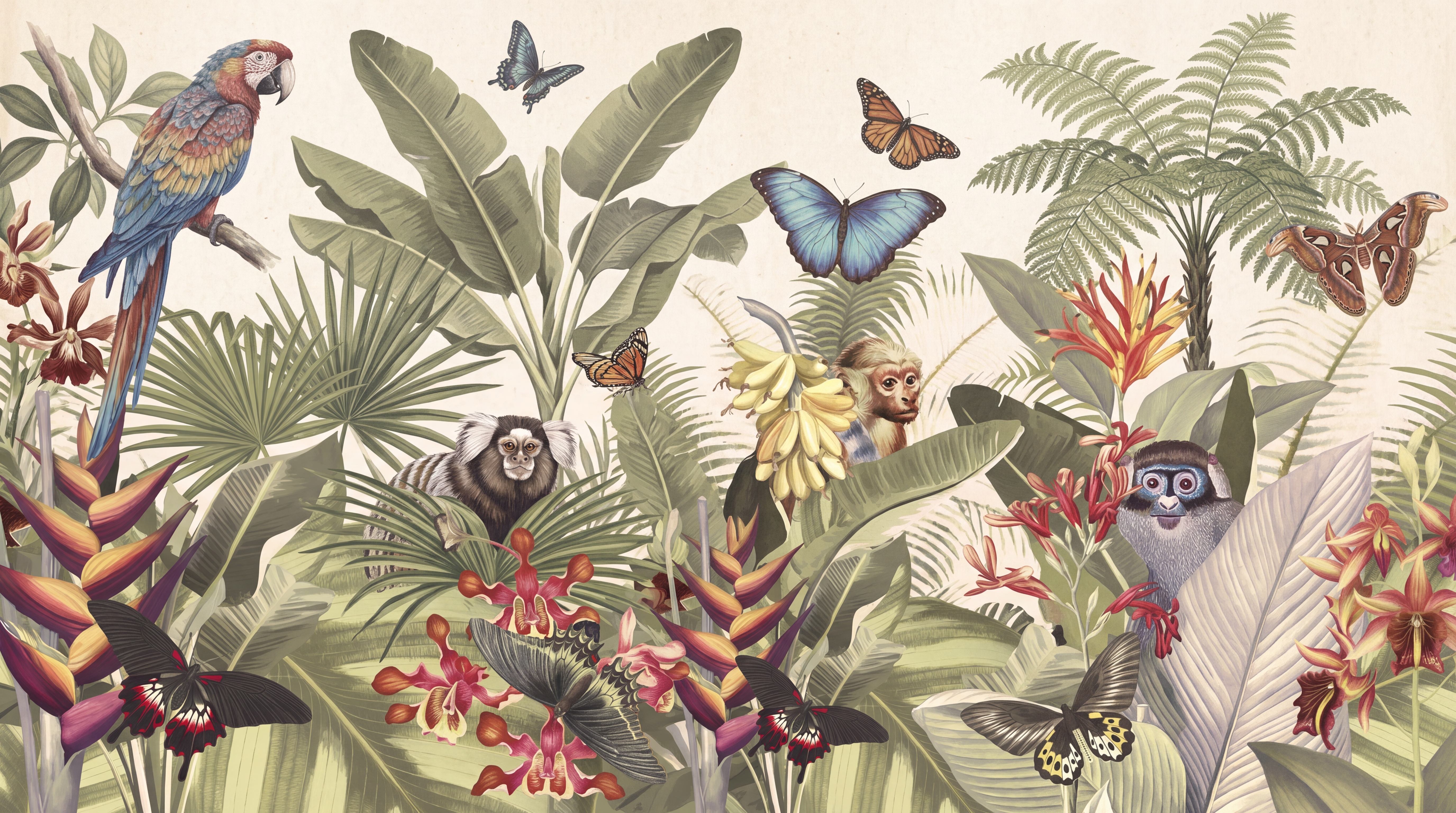 Green Tropical Artful Wallpaper Mural Layered Jungle Wallpaper Mural, Peel-and-stick Finish