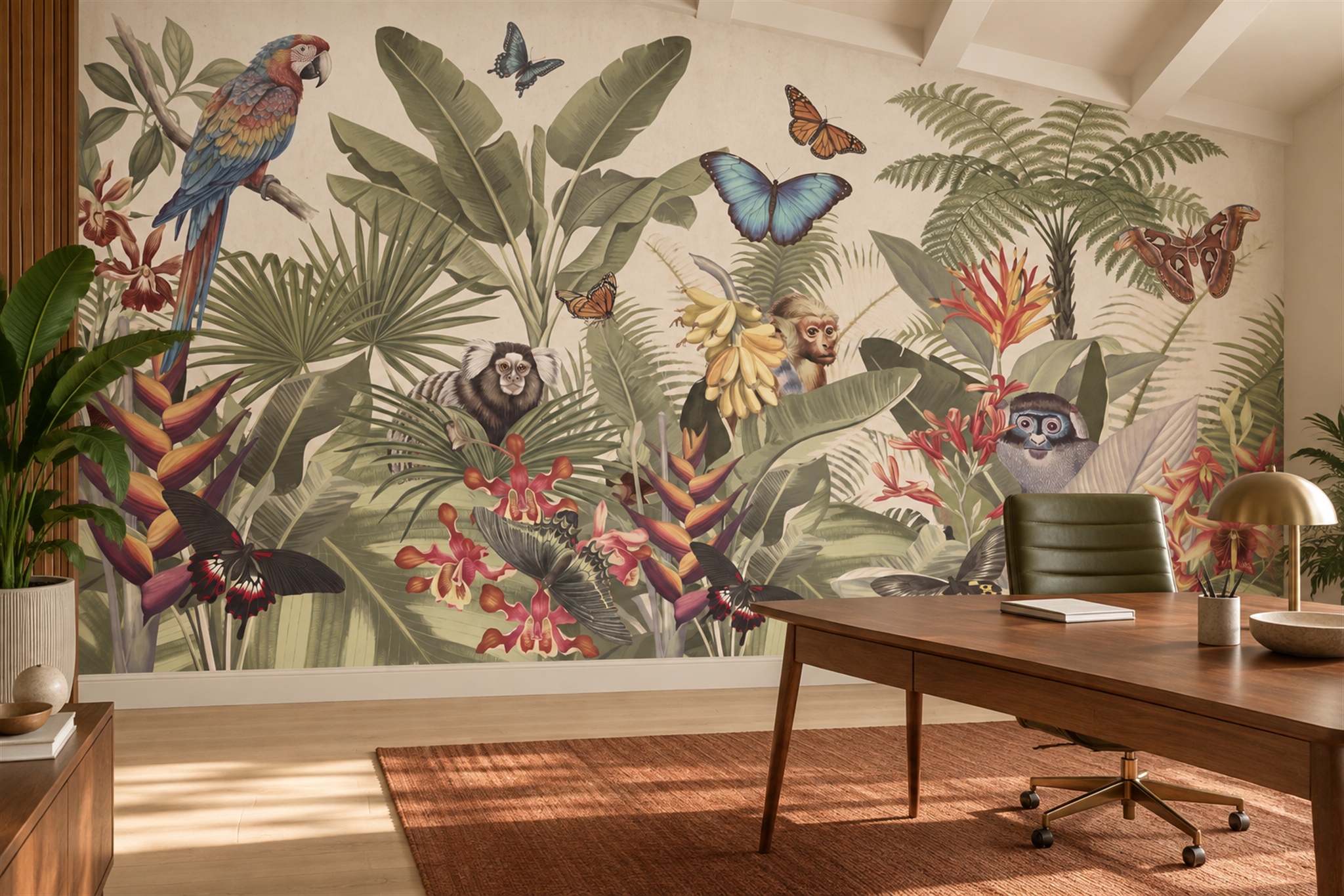 Green Tropical Artful Wallpaper Mural Layered Jungle Wallpaper Mural Home-office-wallpaper-murals, Shown In A Home Office, Peel-and-stick Finish