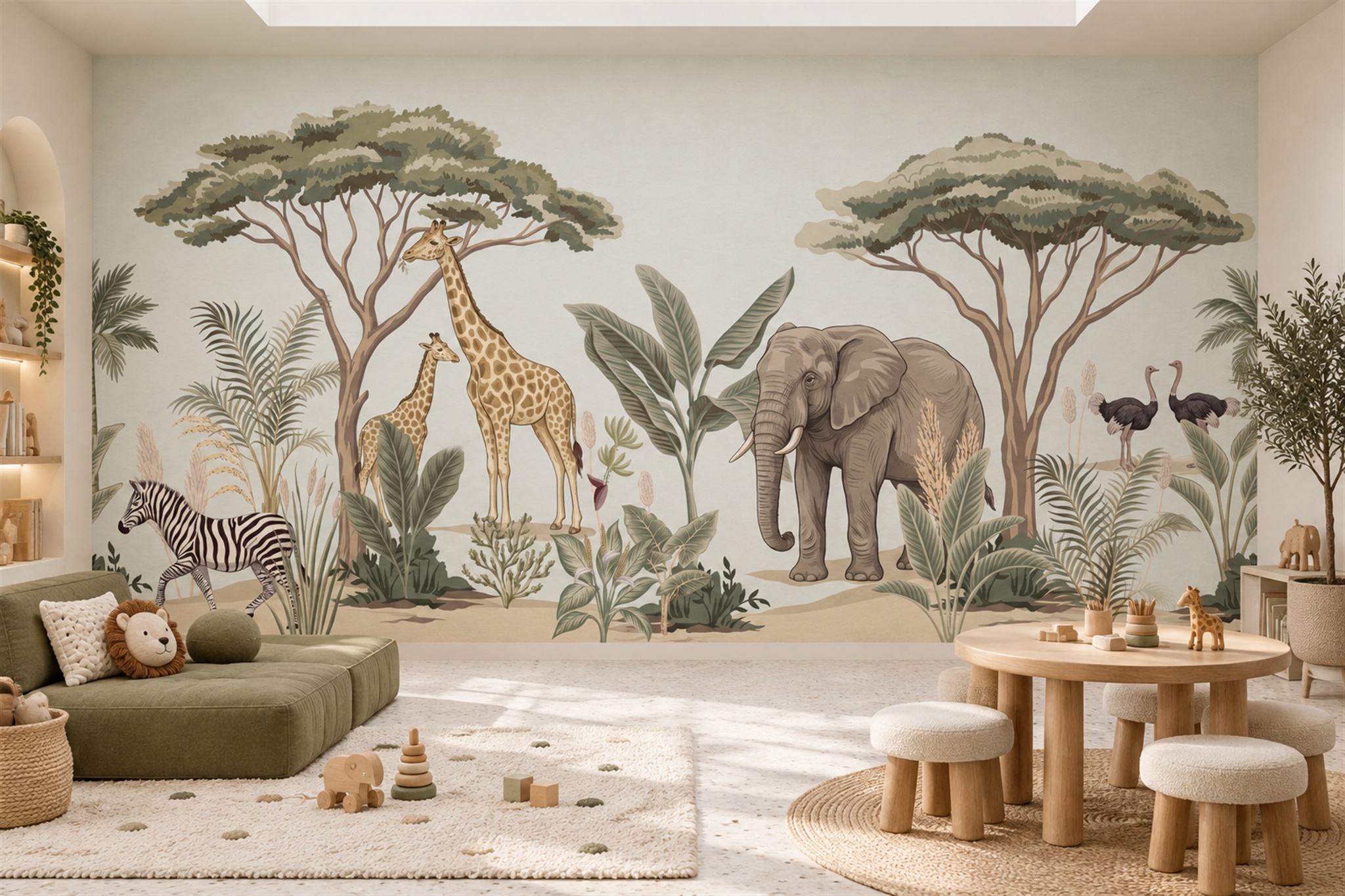 Beige Safari Scenic Decorative Wallpaper Mural Accent-wall-wallpaper-murals, Peel-and-stick Finish
