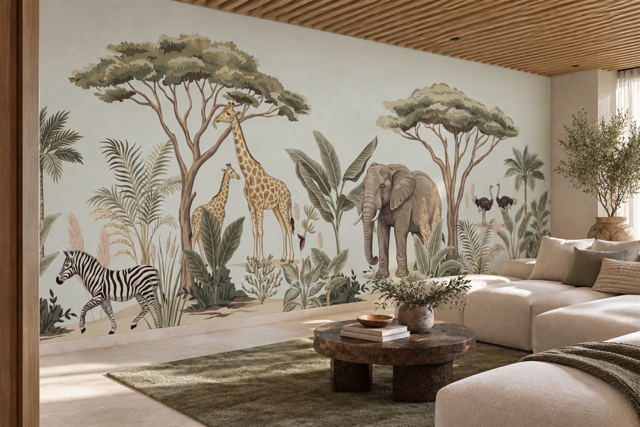 Savanna Giraffes Elephants And Zebras Wallpaper Mural — Wallpaper Mural Design, Peel-and-stick Finish