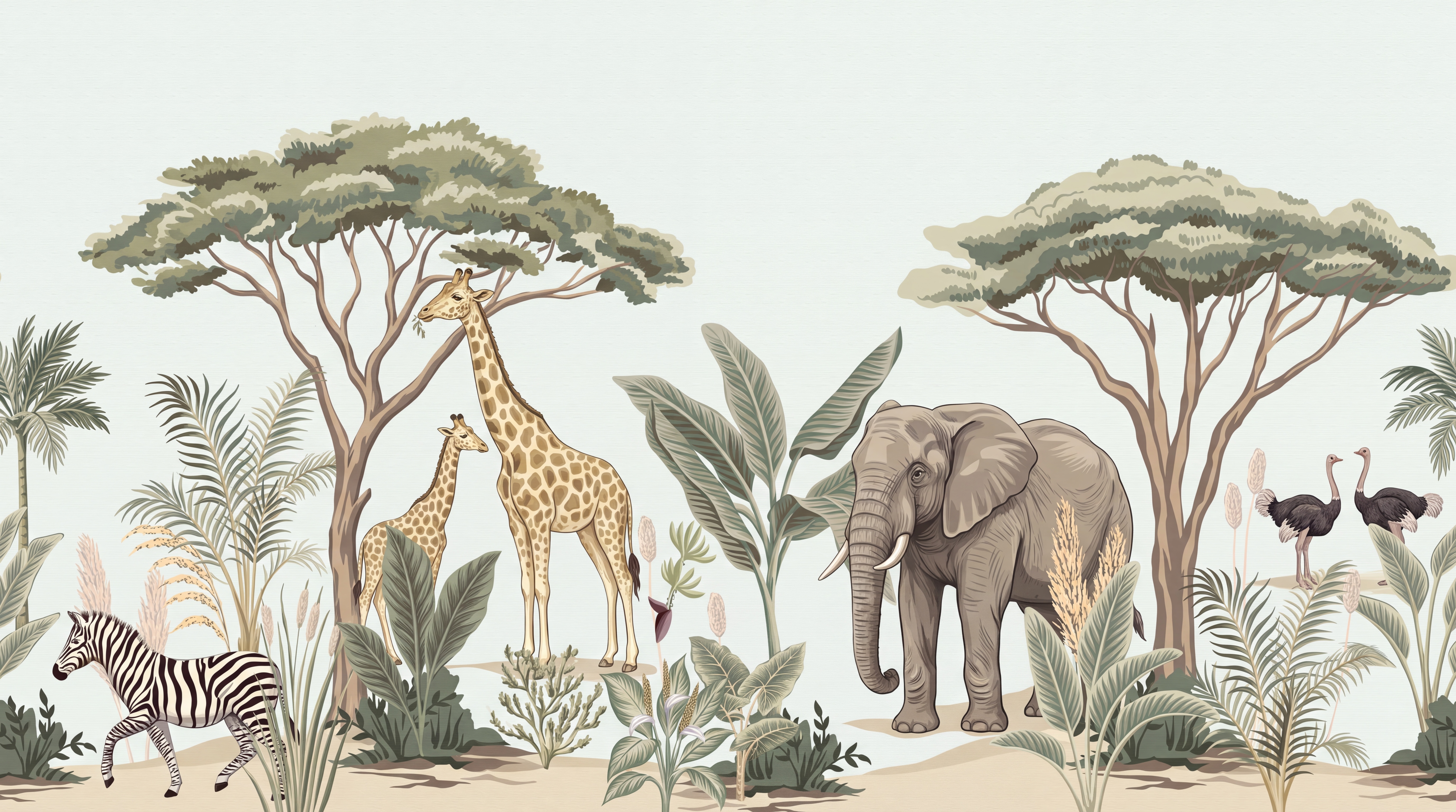 Beige Safari Scenic Decorative Wallpaper Mural Accent-wall-wallpaper-murals, Peel-and-stick Finish