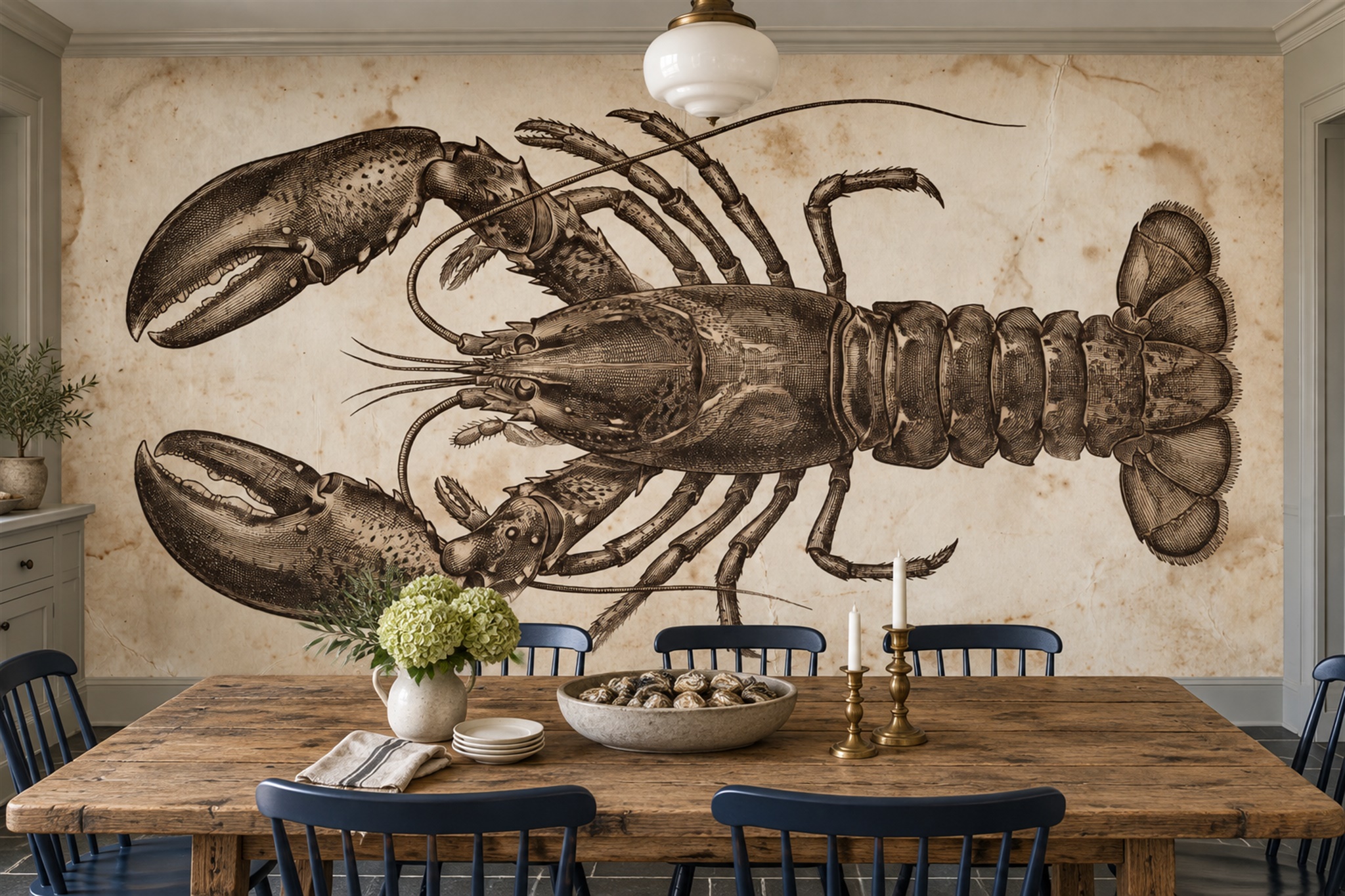 Vintage Lobster Engraving On Aged Ivory Wallpaper Mural — Wallpaper Mural Design, Peel-and-stick Finish
