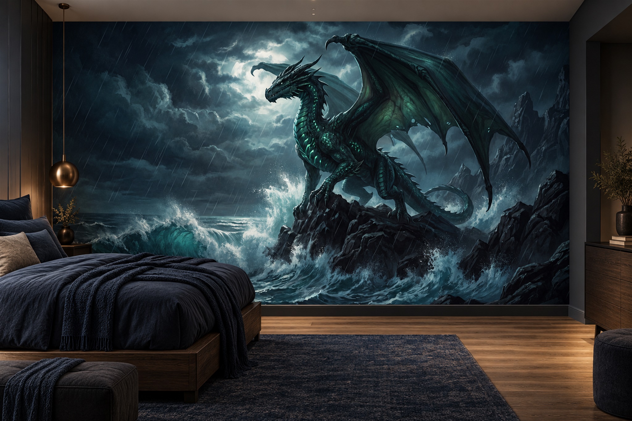 Teal Pattern Decorative Wallpaper Mural Layered Tones Wallpaper Mural Bedroom-wallpaper-murals, Peel-and-stick Finish