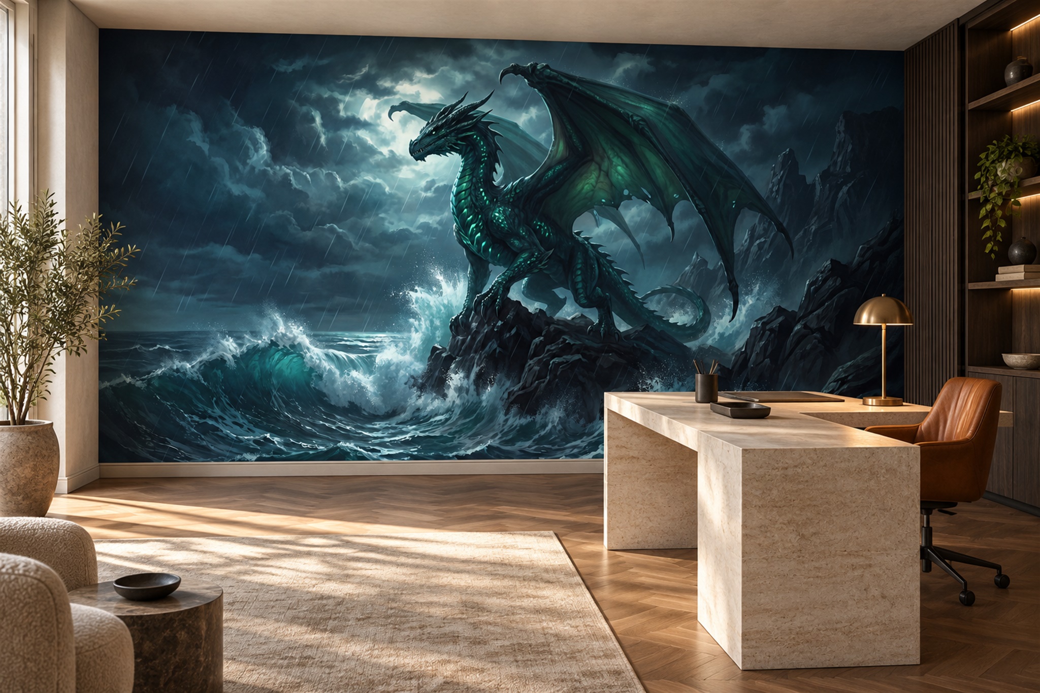 Teal Pattern Decorative Wallpaper Mural Layered Tones Wallpaper Mural Home-office-wallpaper-murals, Peel-and-stick Finish