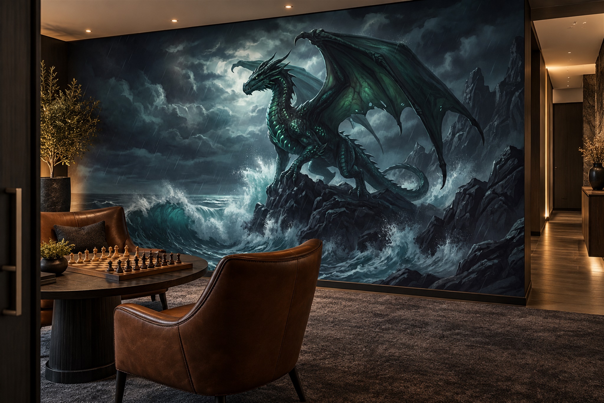 Teal Pattern Decorative Wallpaper Mural Layered Tones Wallpaper Mural Home-office-wallpaper-murals, Peel-and-stick Finish