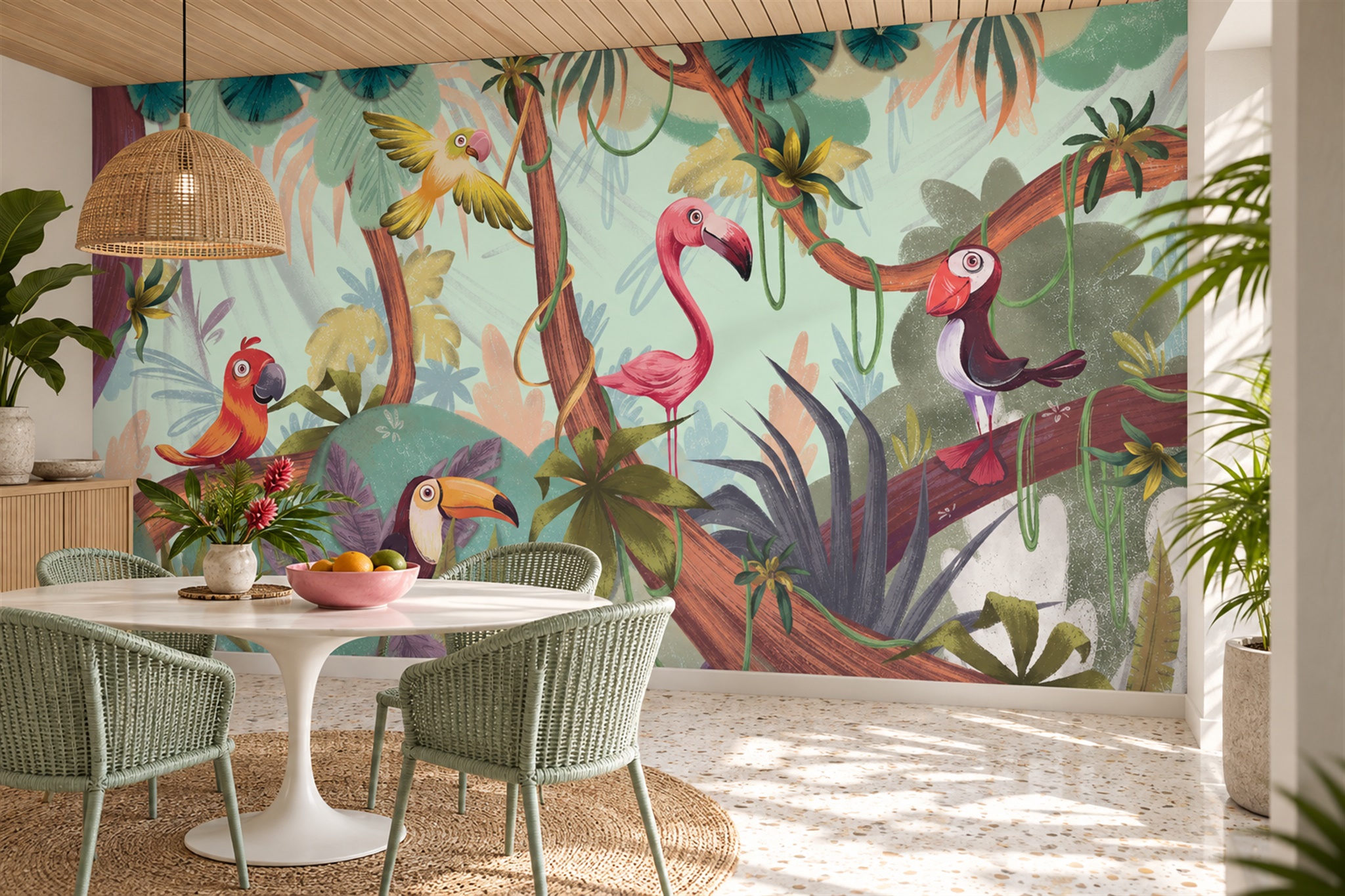 Tropical Flamingos Parrots And Palm Leaves Wallpaper Mural — Wallpaper Mural Design, Peel-and-stick Finish