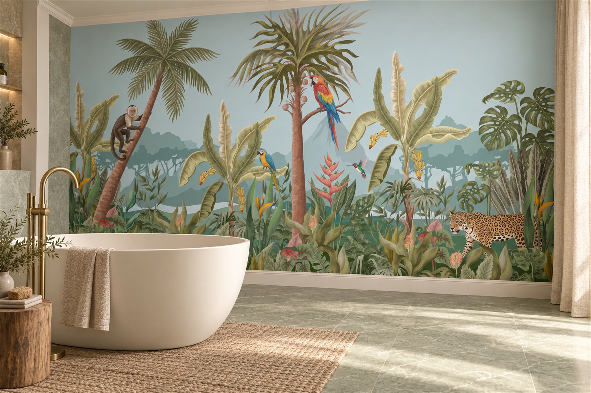 Green Tropical Artful Wallpaper Mural Layered Decorative Wallpaper Mural Bathroom-wallpaper-murals, Peel-and-stick Finish