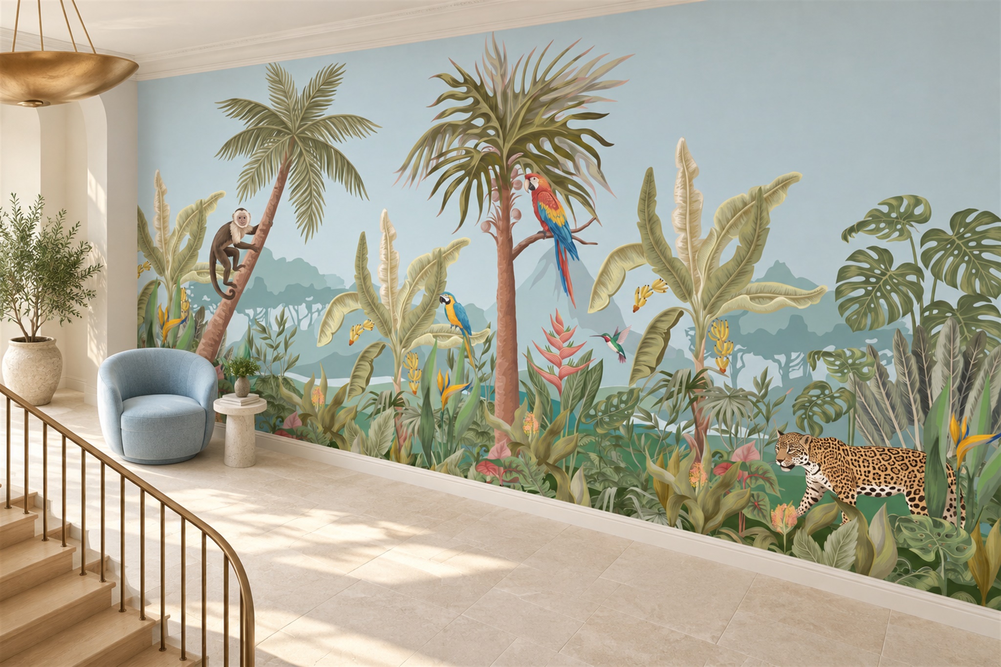 Green Tropical Artful Wallpaper Mural Layered Decorative Wallpaper Mural Accent-wall-wallpaper-murals, Peel-and-stick Finish