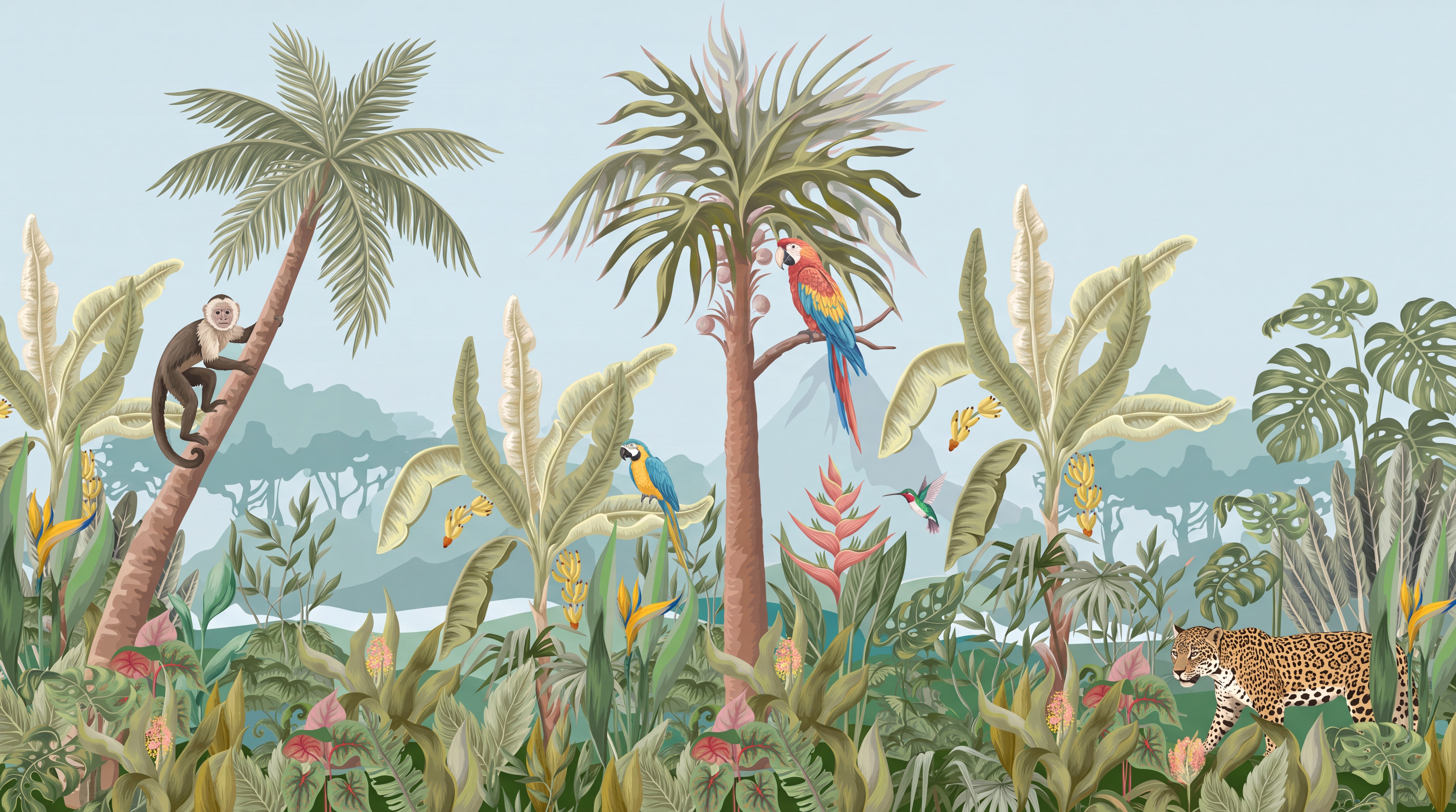 Green Tropical Artful Wallpaper Mural Layered Decorative Wallpaper Mural Dining-room-wallpaper-murals, Peel-and-stick Finish