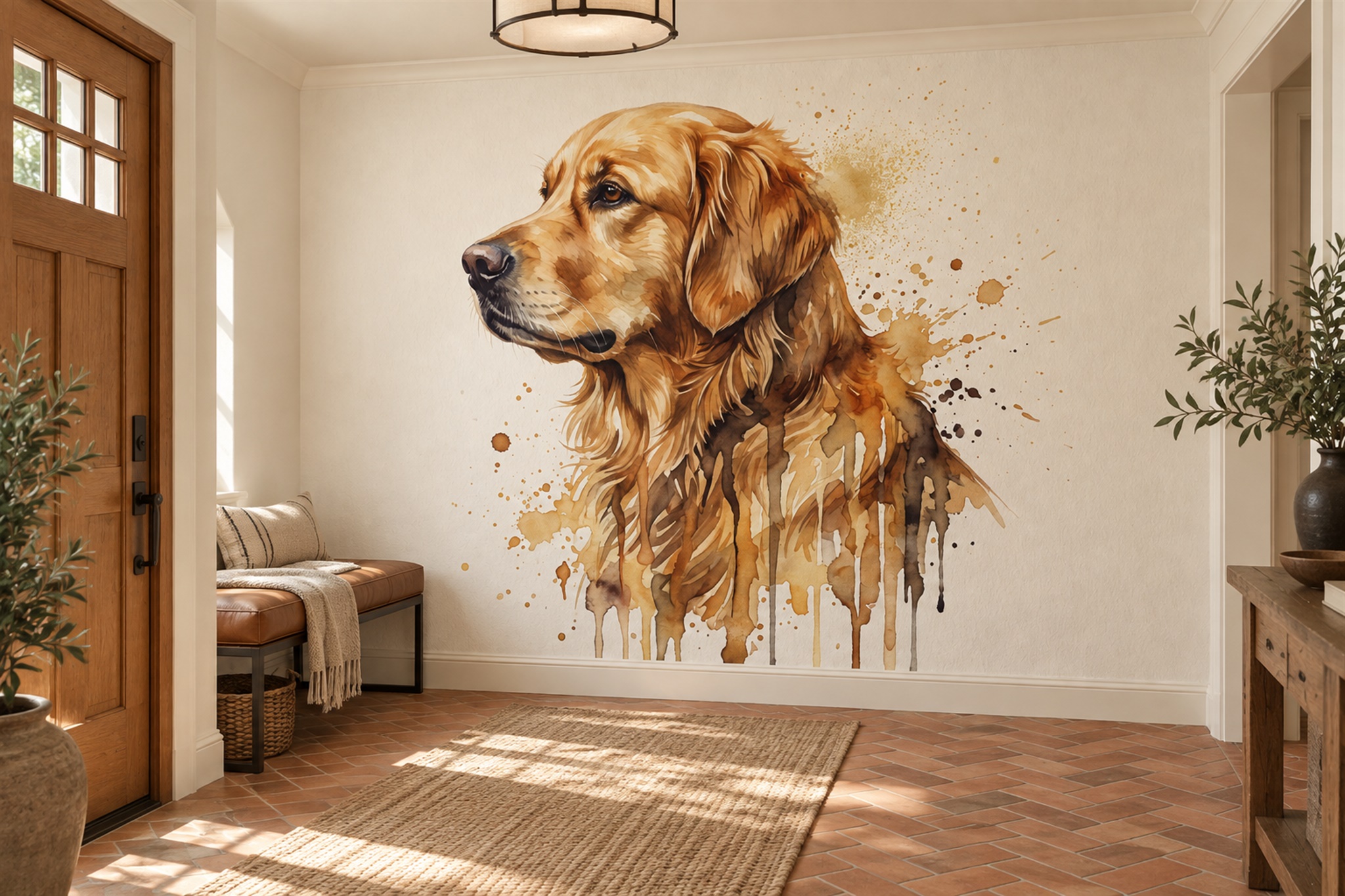 Golden Retriever Watercolour Portrait Wallpaper Mural — Installed Wallpaper Mural In A Entryway, Peel-and-stick Finish