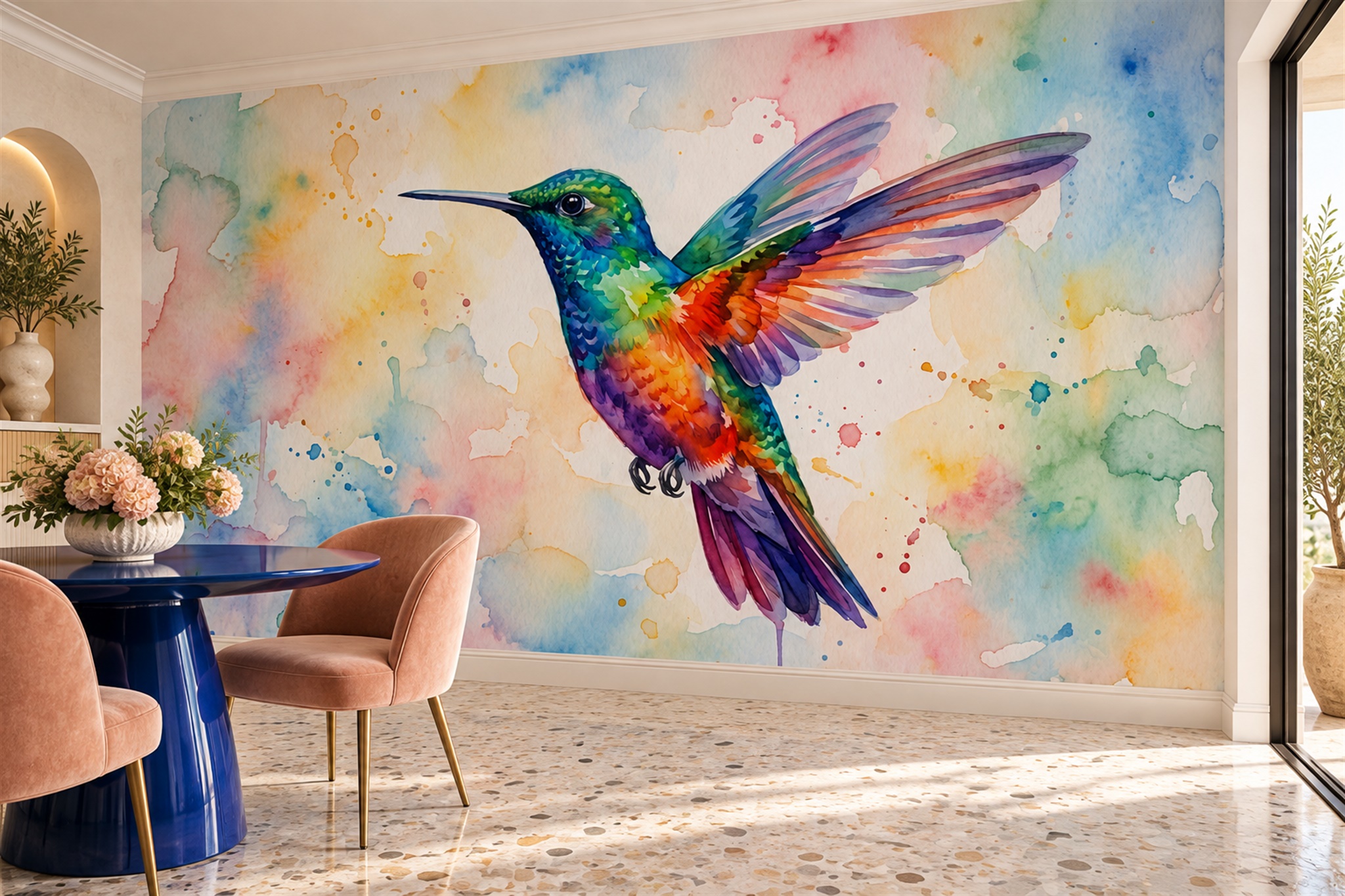 Colourful Hummingbird Watercolour Wallpaper Mural — Wallpaper Mural Design, Peel-and-stick Finish