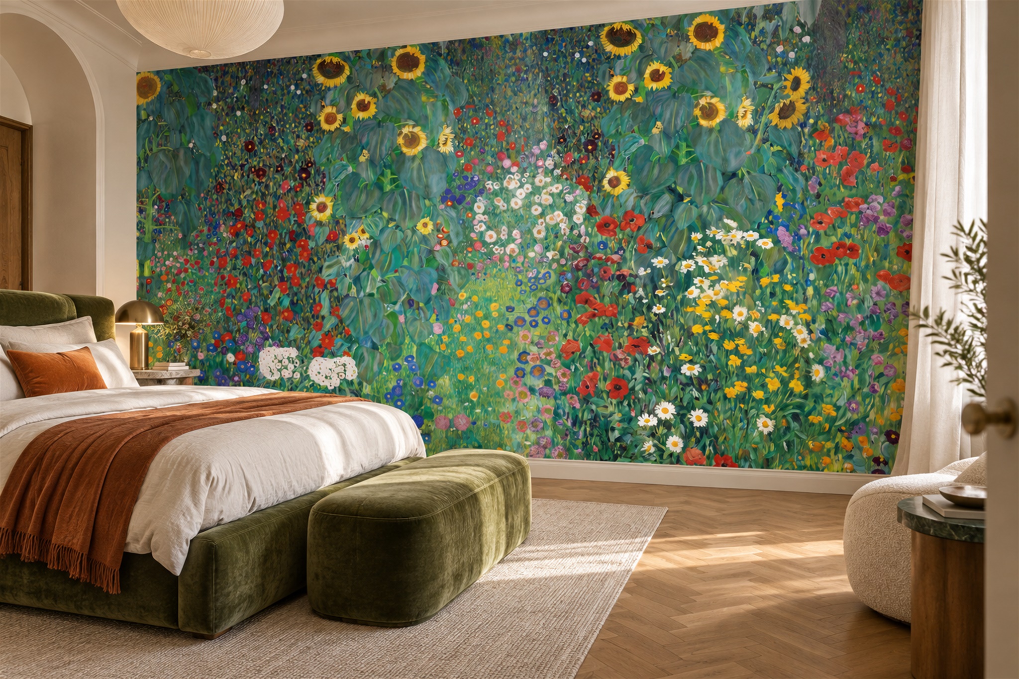 Green Meadow Scenic Painterly Wallpaper Mural Bedroom-wallpaper-murals, Peel-and-stick Finish