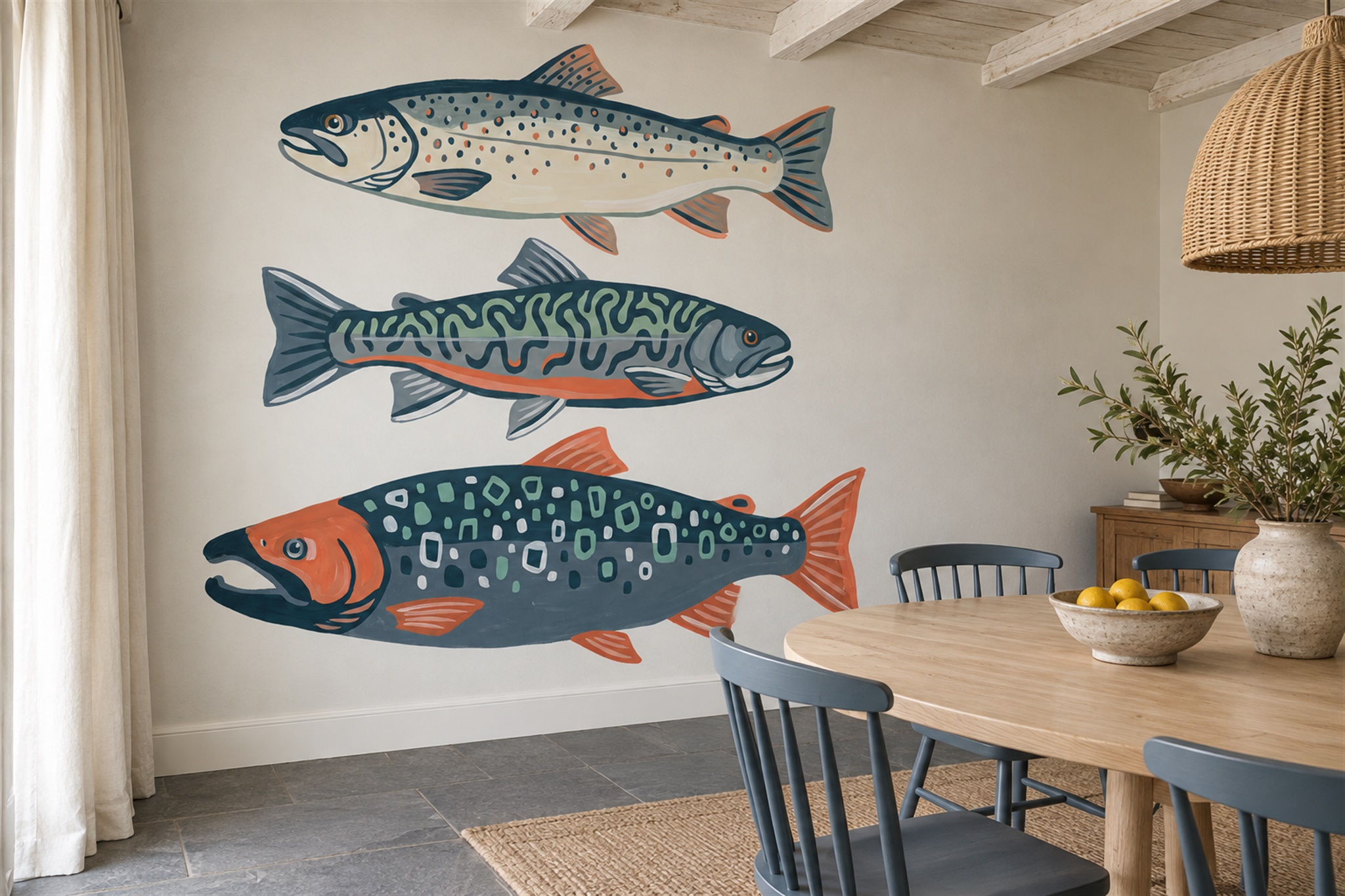 Blue Fish Illustrated Abstract Wallpaper Mural Dining-room-wallpaper-murals, Shown In A Dining Room, Peel-and-stick Finish