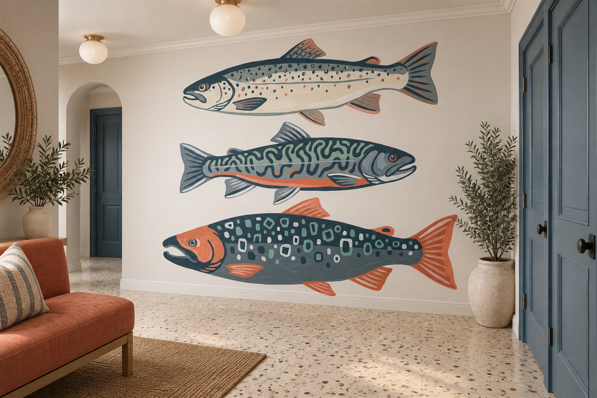 Three Illustrated Fish In Teal And Coral On White Wallpaper Mural — Installed Wallpaper Mural In A Hallway, Peel-and-stick Finish