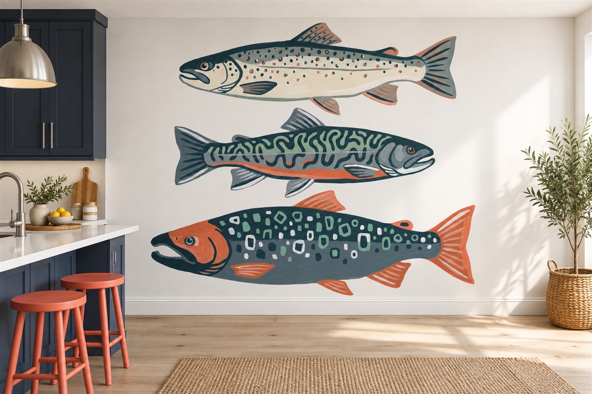 Blue Fish Illustrated Abstract Wallpaper Mural Kitchen-wallpaper-murals, Peel-and-stick Finish