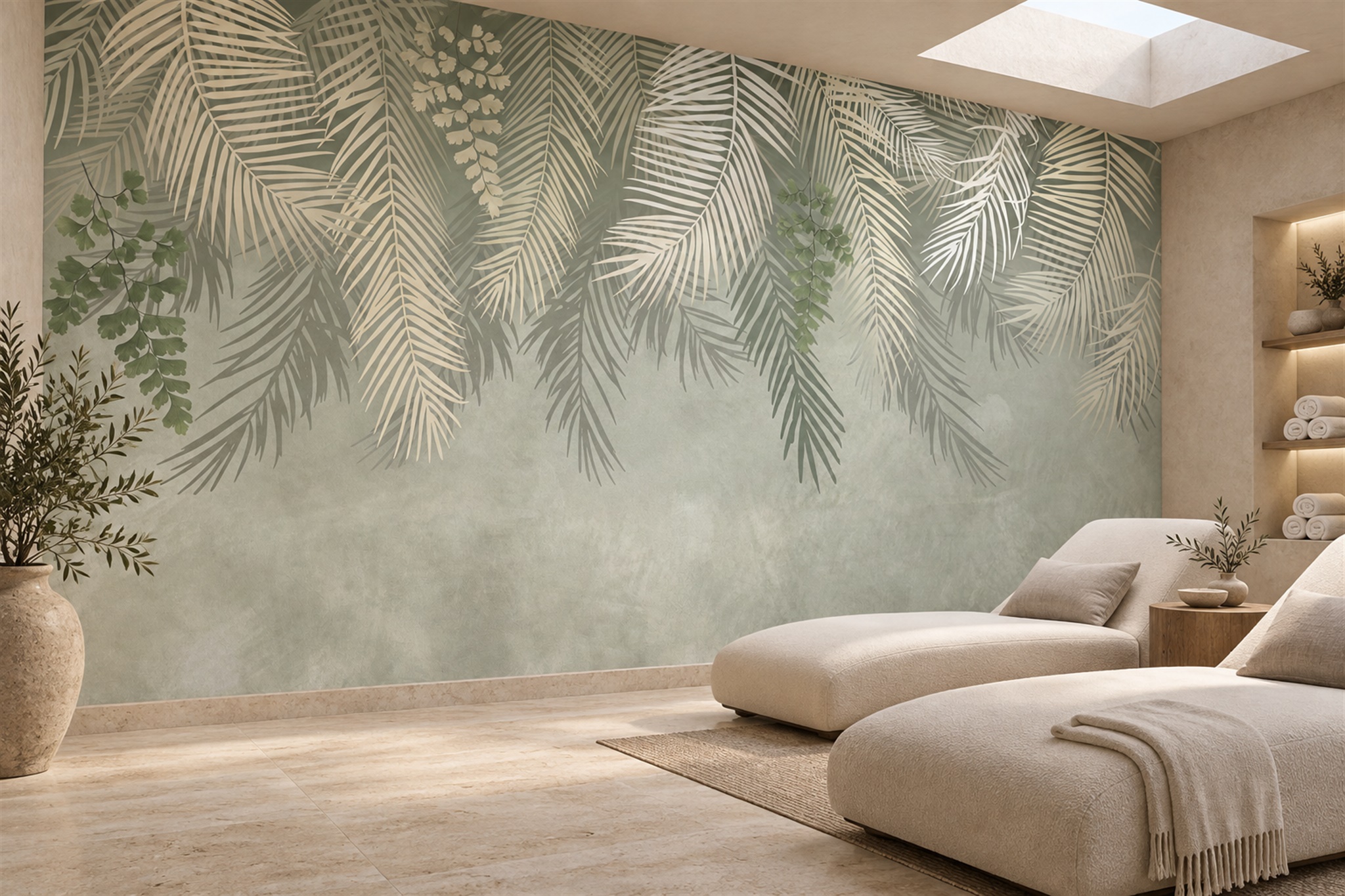 Sage Palm Artful Painterly Wallpaper Mural Spa-wallpaper-murals, Peel-and-stick Finish