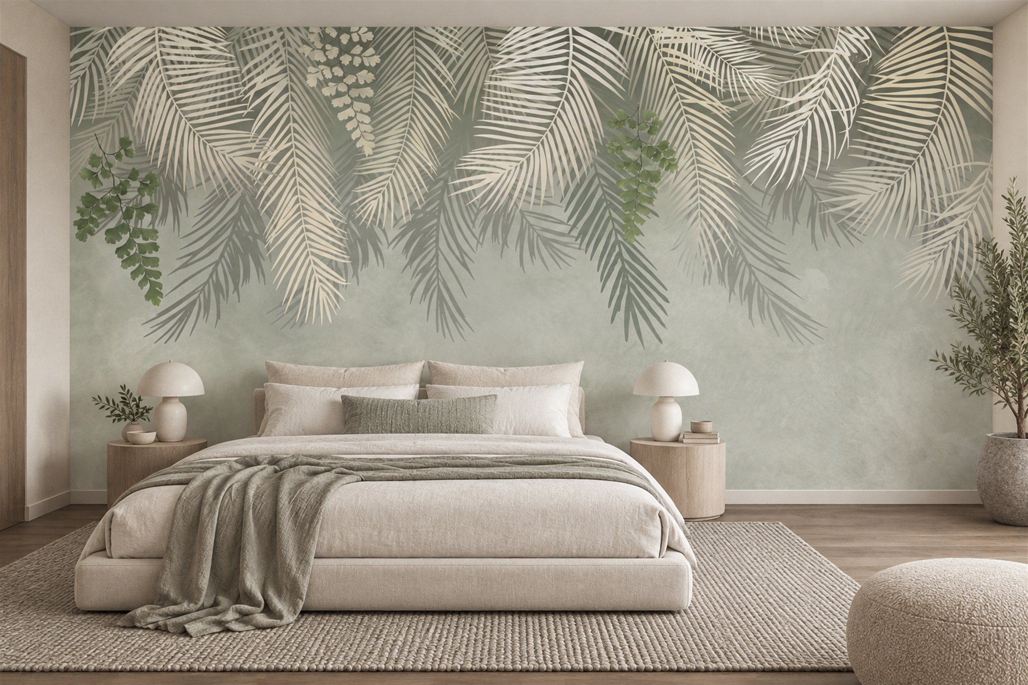 Sage Palm Artful Painterly Wallpaper Mural Bedroom-wallpaper-murals, Peel-and-stick Finish