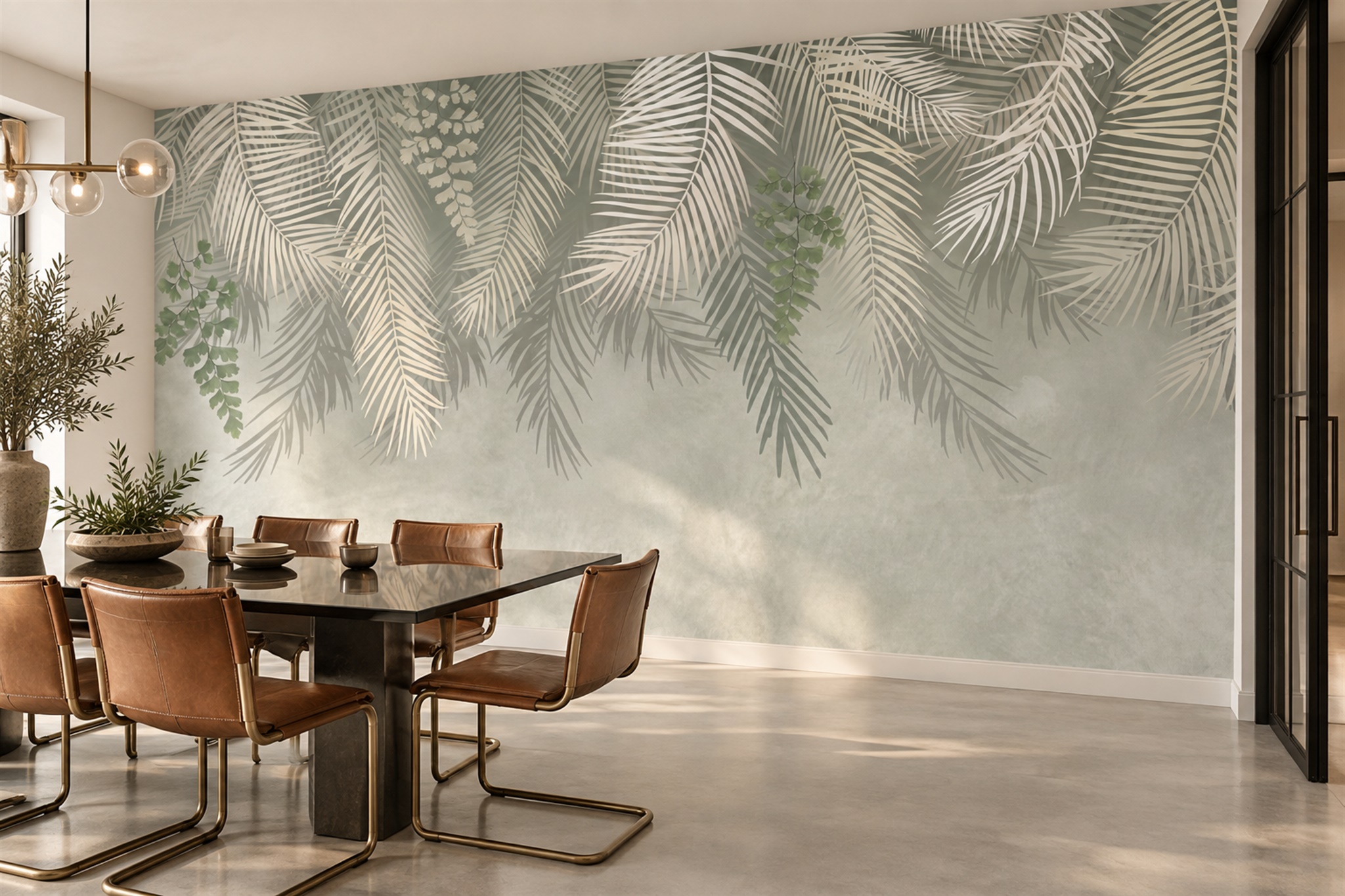 Sage Palm Artful Painterly Wallpaper Mural Spa-wallpaper-murals, Peel-and-stick Finish