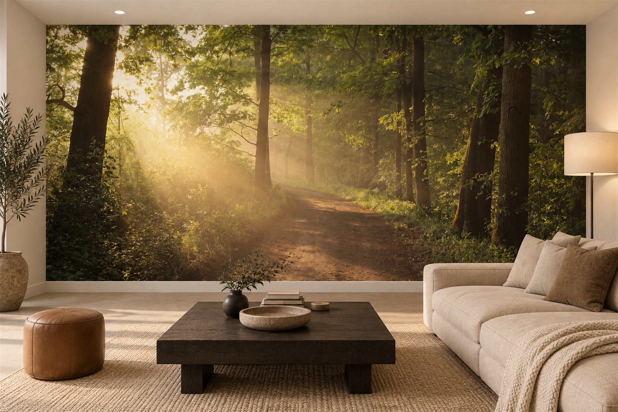 Sunlit Woodland Path Wallpaper Mural — Wallpaper Mural Design, Peel-and-stick Finish