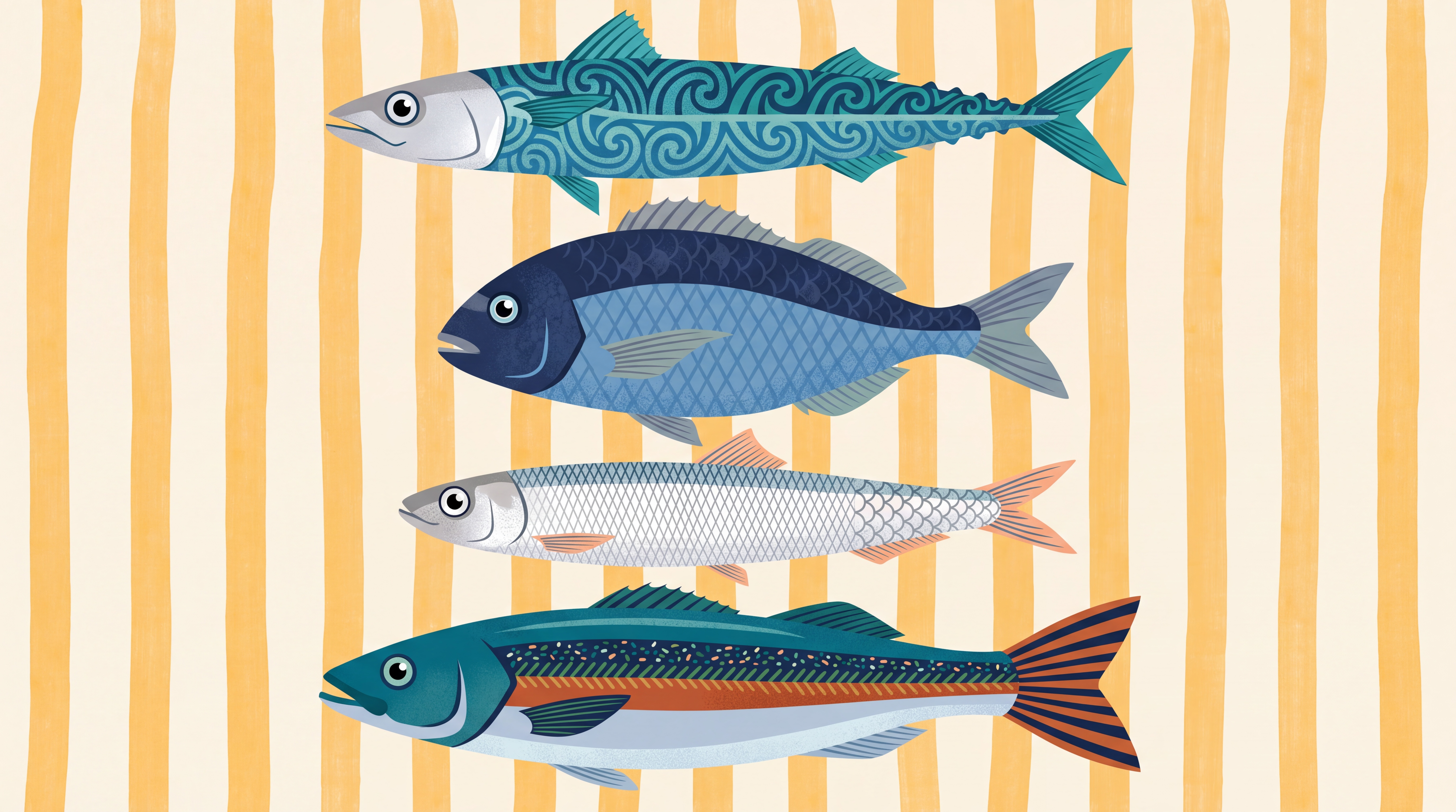Yellow Fish Illustrated Wallpaper Mural, Peel-and-stick Finish