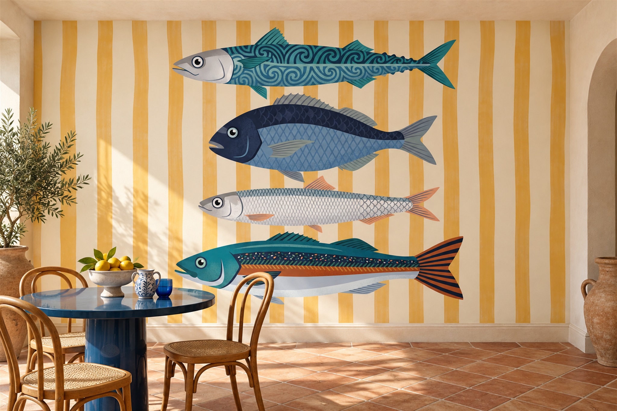 Yellow Fish Illustrated Wallpaper Mural Dining-room-wallpaper-murals, Shown In A Dining Room, Peel-and-stick Finish