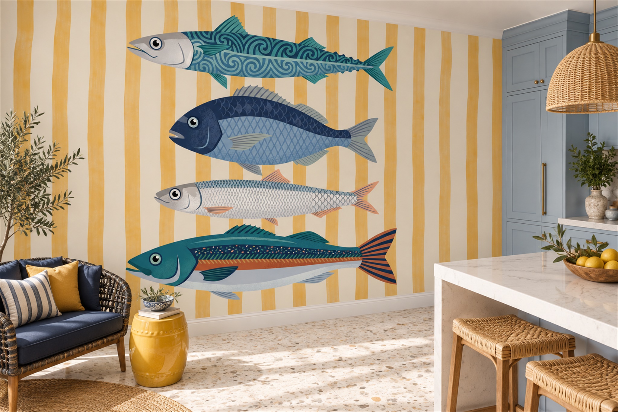 Yellow Fish Illustrated Wallpaper Mural Kitchen-wallpaper-murals, Peel-and-stick Finish