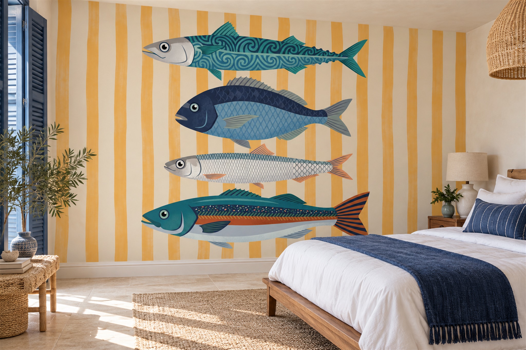 Yellow Fish Illustrated Wallpaper Mural Kitchen-wallpaper-murals, Peel-and-stick Finish