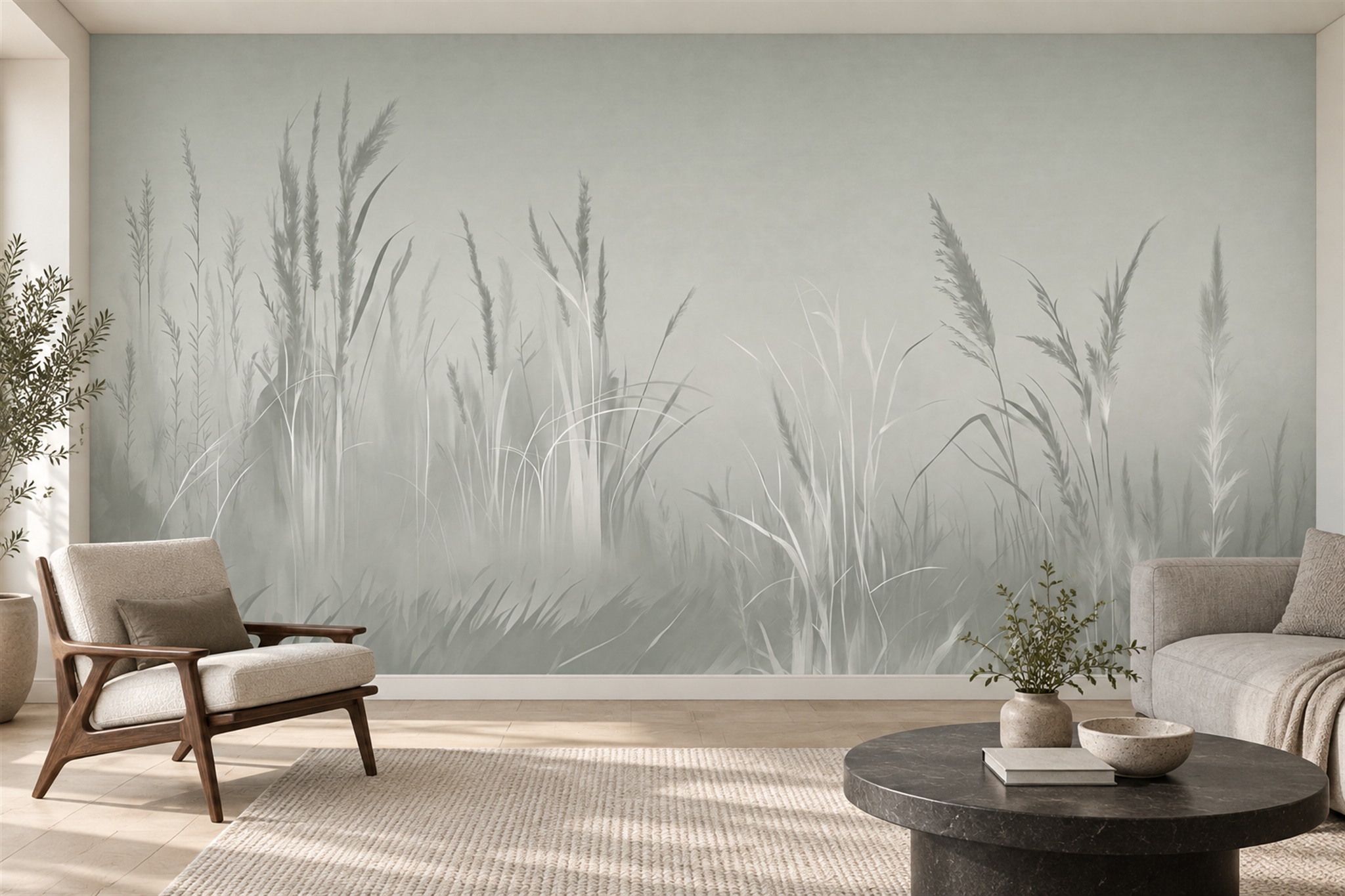 Misty Grey Meadow Grass Wallpaper Mural — Wallpaper Mural Design, Peel-and-stick Finish