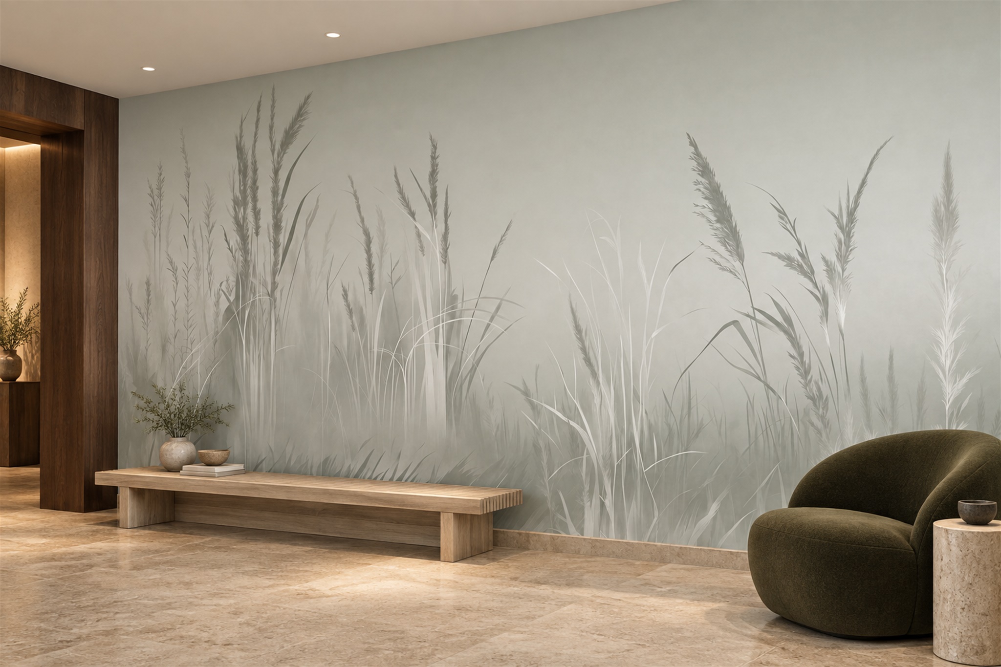 Grey Grasses Artful Wallpaper Mural Accent-wall-wallpaper-murals, Peel-and-stick Finish
