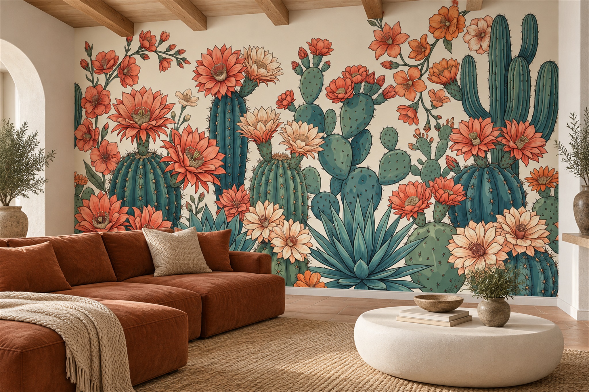 Coral Cactus Artful Wallpaper Mural Accent-wall-wallpaper-murals, Peel-and-stick Finish